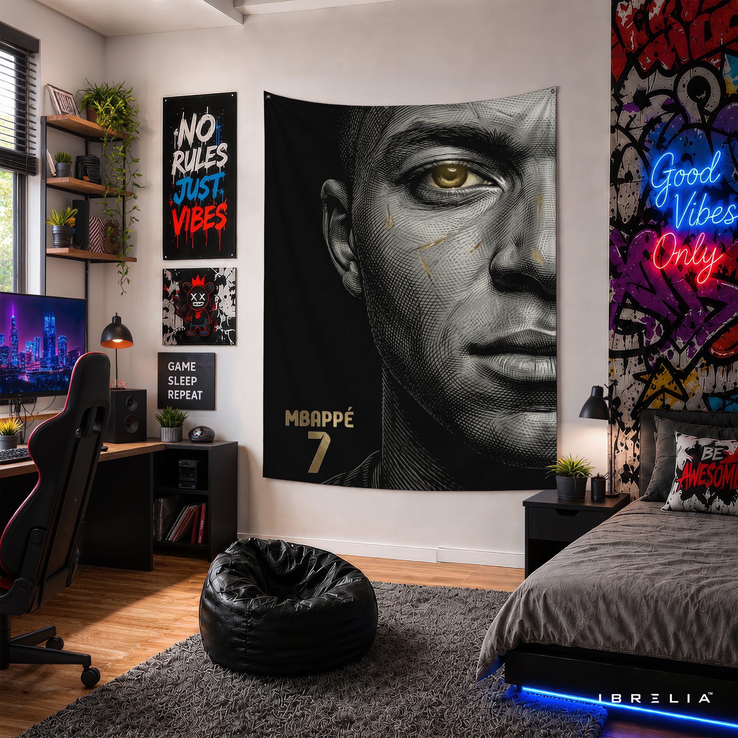 Kylian Mbappé Minimalist Portrait Wall Tapestry | Premium Heavyweight Jute Fabric Wall Hanging