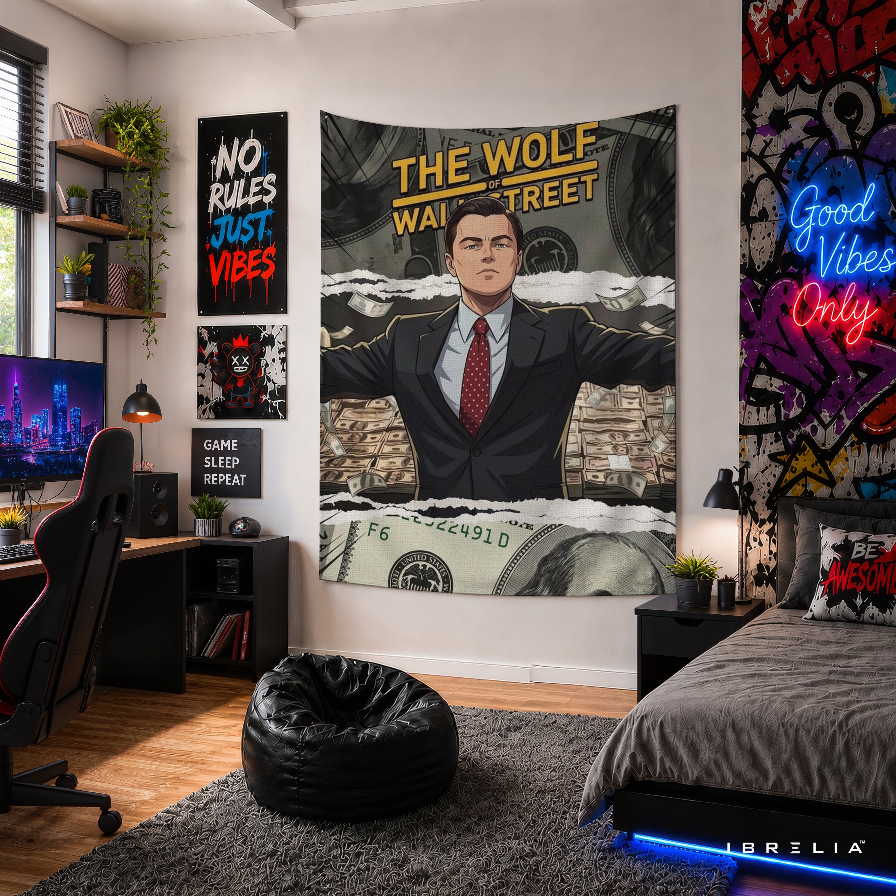 The Wolf of Wall Street Inspired Money Wall Tapestry – Premium Motivational Wall Hanging for Home, Office & Gaming Room