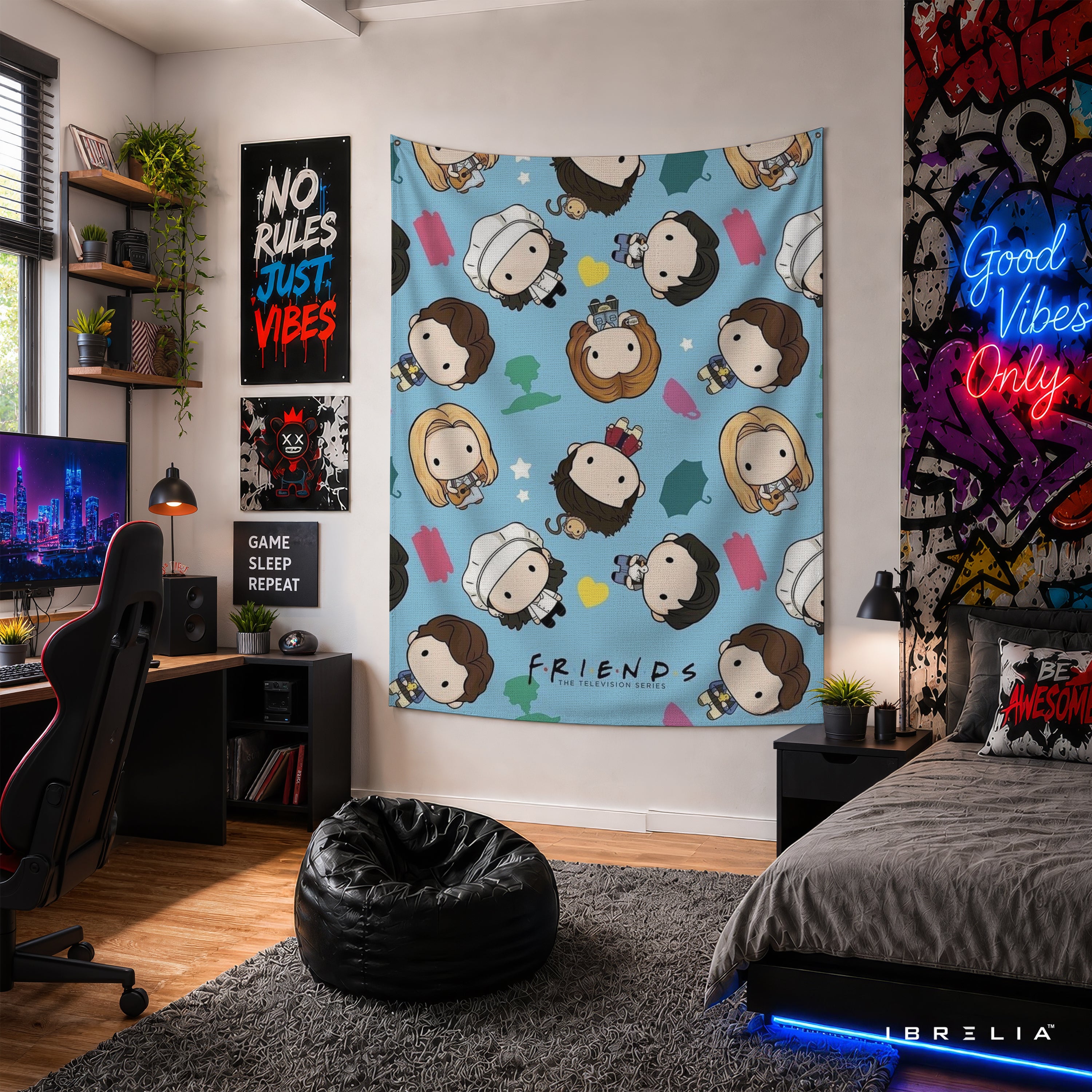 Friends Chibi Characters Wall Tapestry – Cute Cartoon Sitcom Wall Hanging