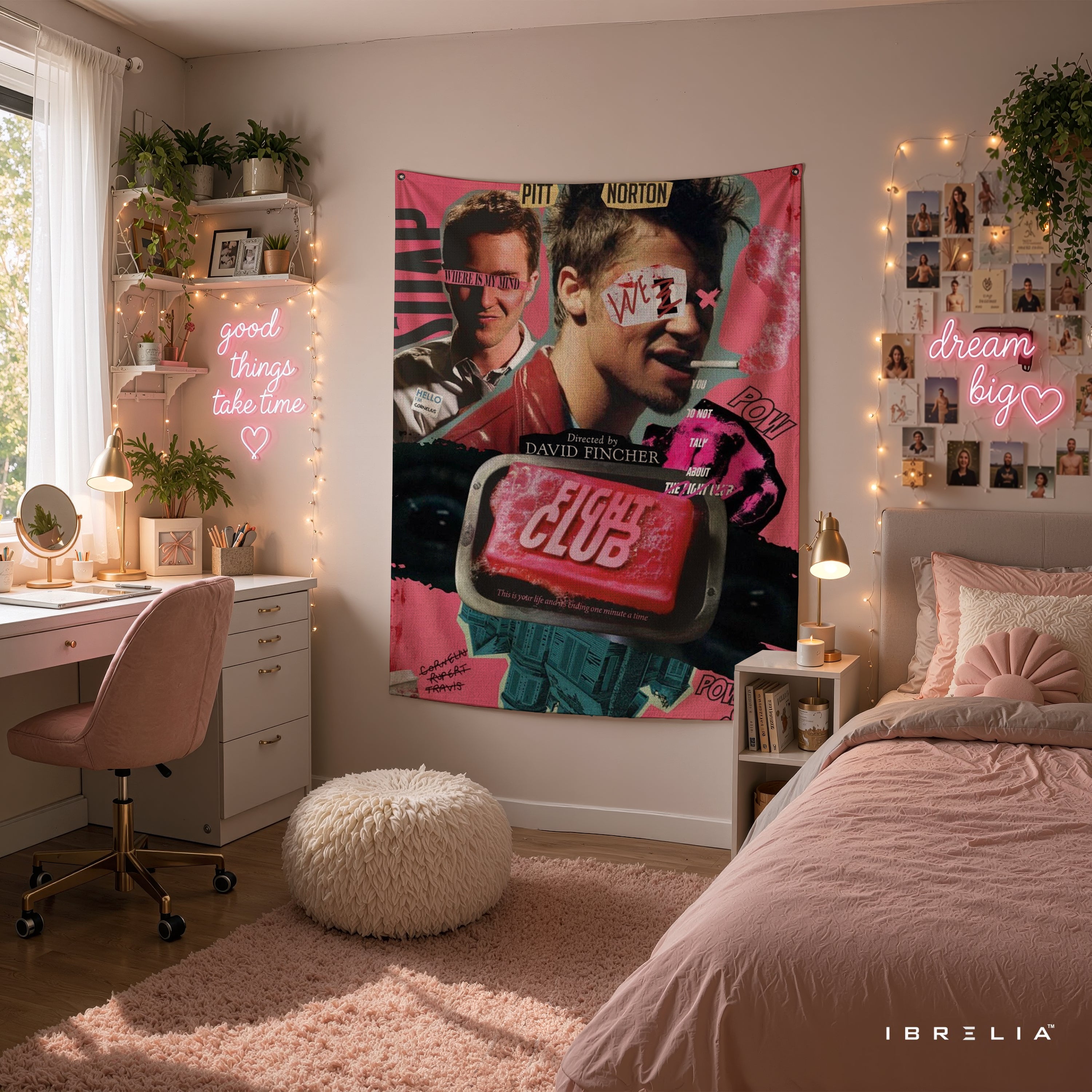 Fight Club Collage Wall Tapestry – Vintage Pink Cult Movie Wall Hanging