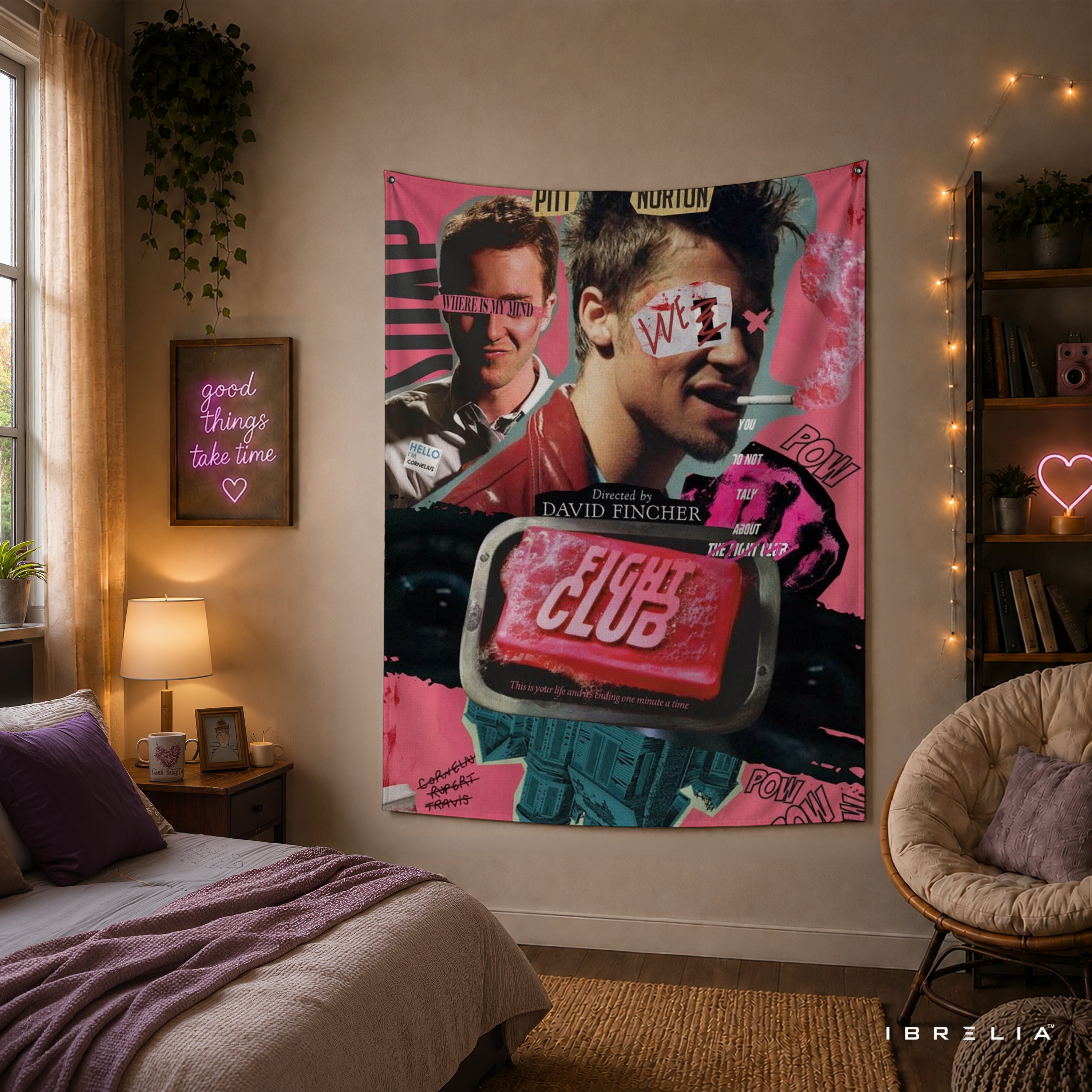 Fight Club Collage Wall Tapestry – Vintage Pink Cult Movie Wall Hanging