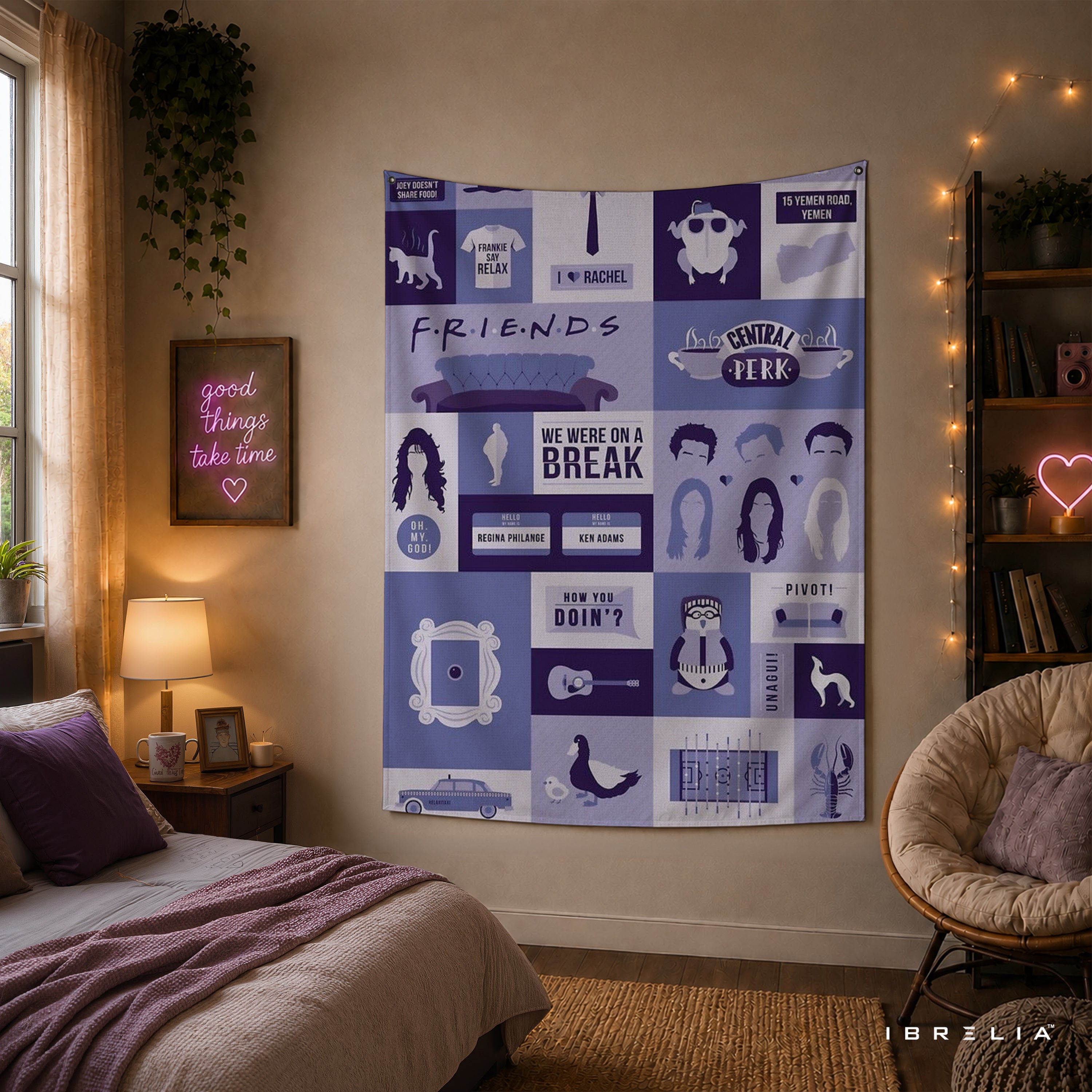 Friends Icon Collage Wall Tapestry – Central Perk Minimal Sitcom Decor