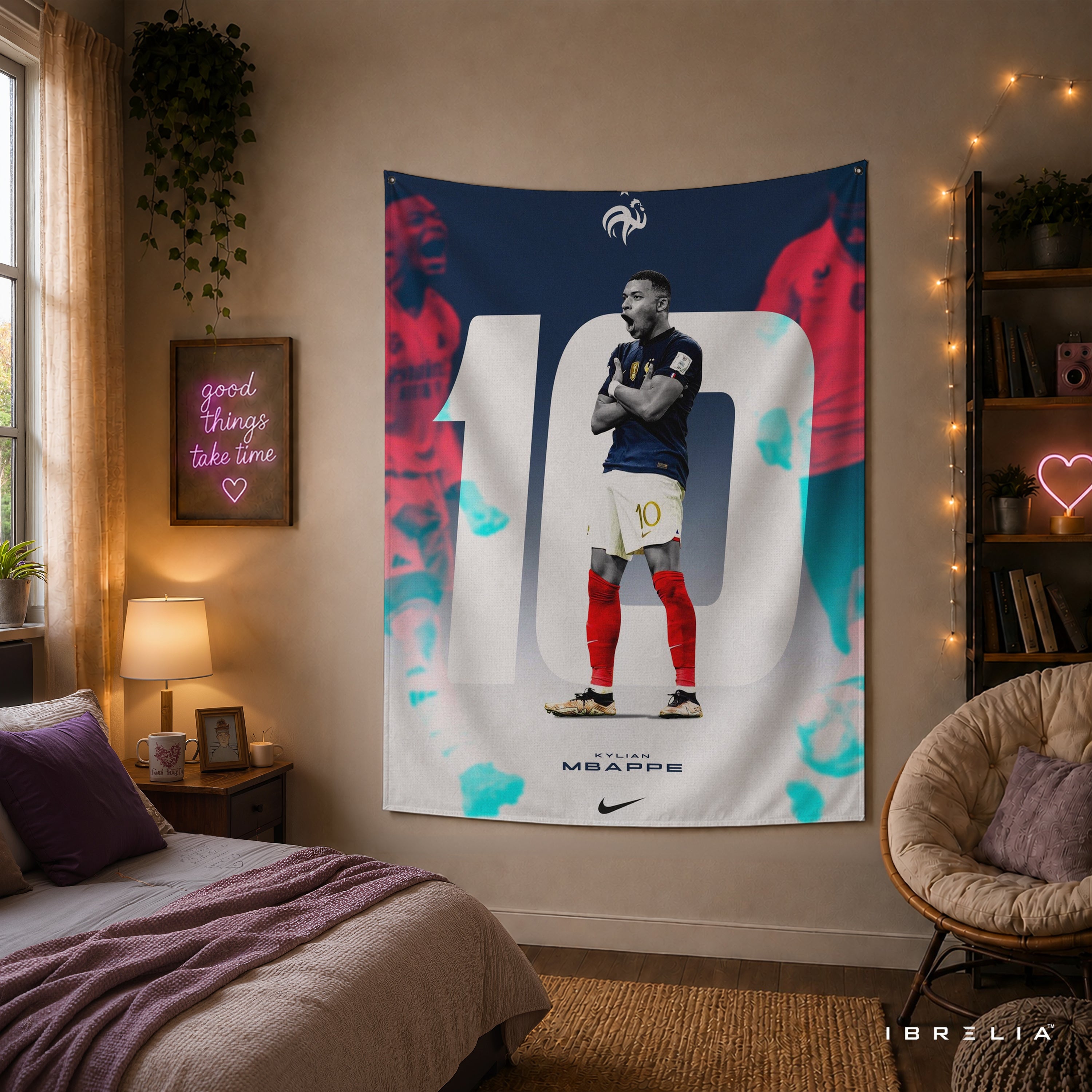 Kylian Mbappé No. 10 France Wall Tapestry | Premium Heavyweight Jute Fabric Wall Hanging