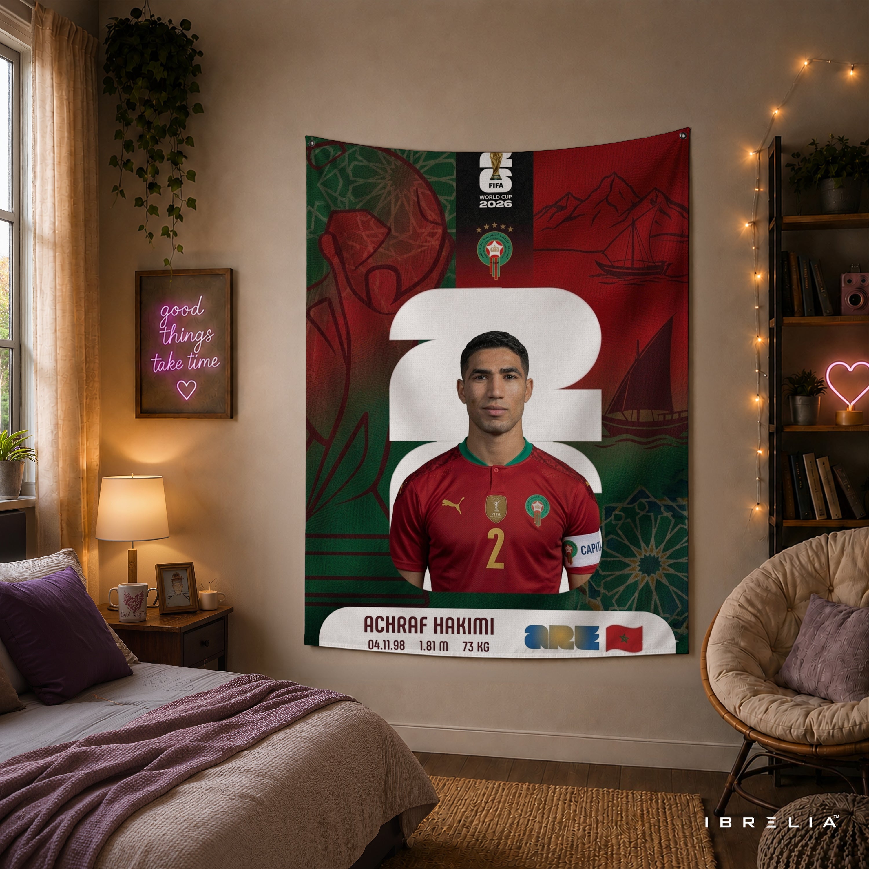 Achraf Hakimi Morocco World Cup 2026 Wall Tapestry | Premium Heavyweight Jute Fabric Wall Hanging