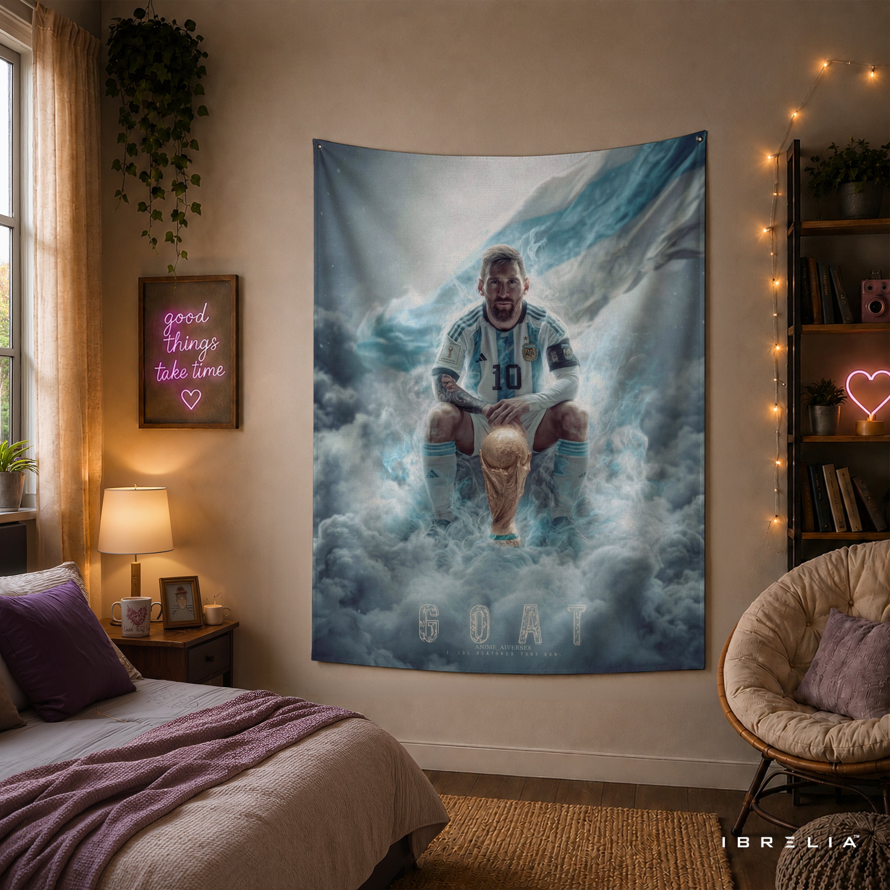 Lionel Messi GOAT World Champion Wall Tapestry | Premium Heavyweight Jute Fabric Wall Hanging