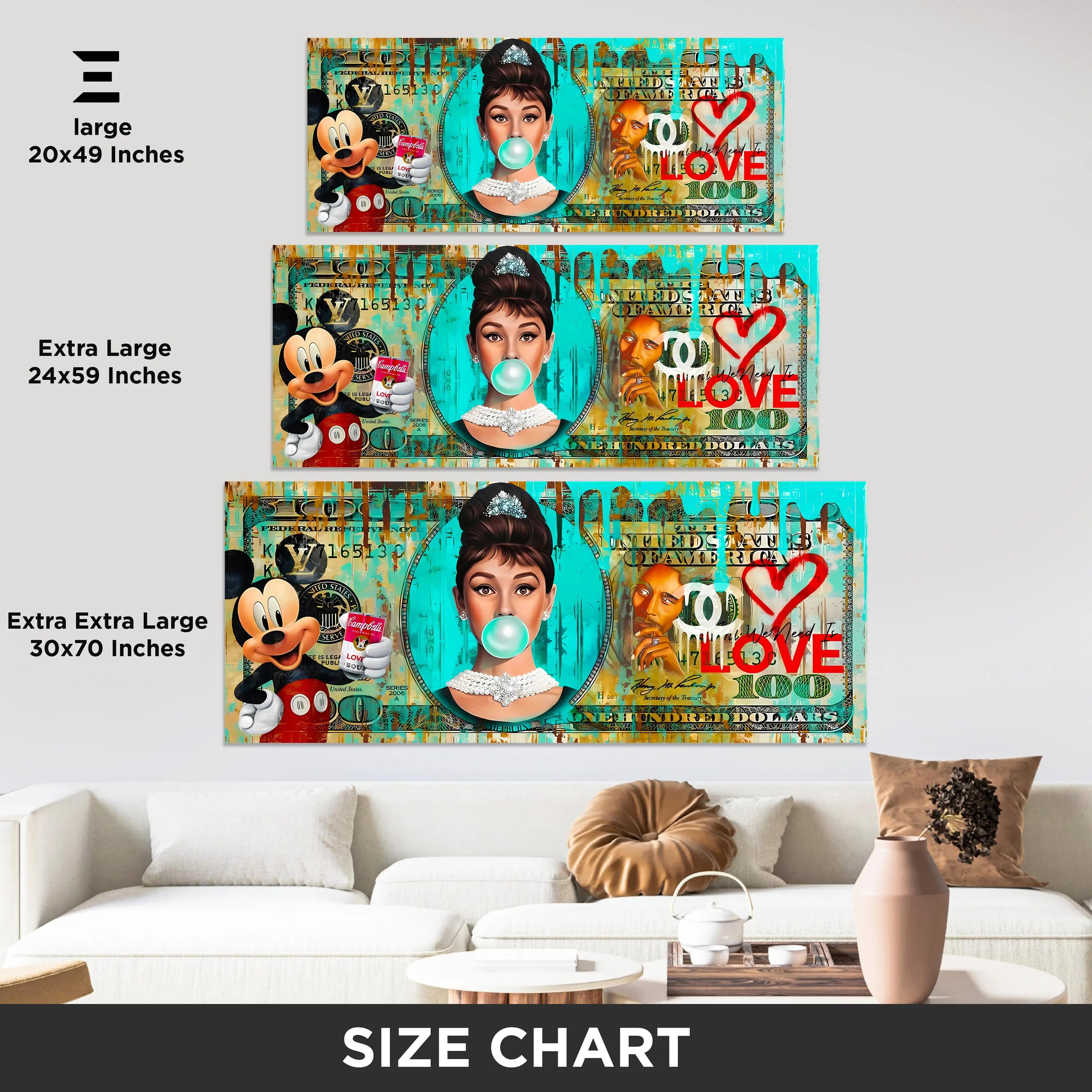Ultra Wide Wall Art – Turquoise Pop Culture Money Collage Edition | IBRELIA™ IBRELIA