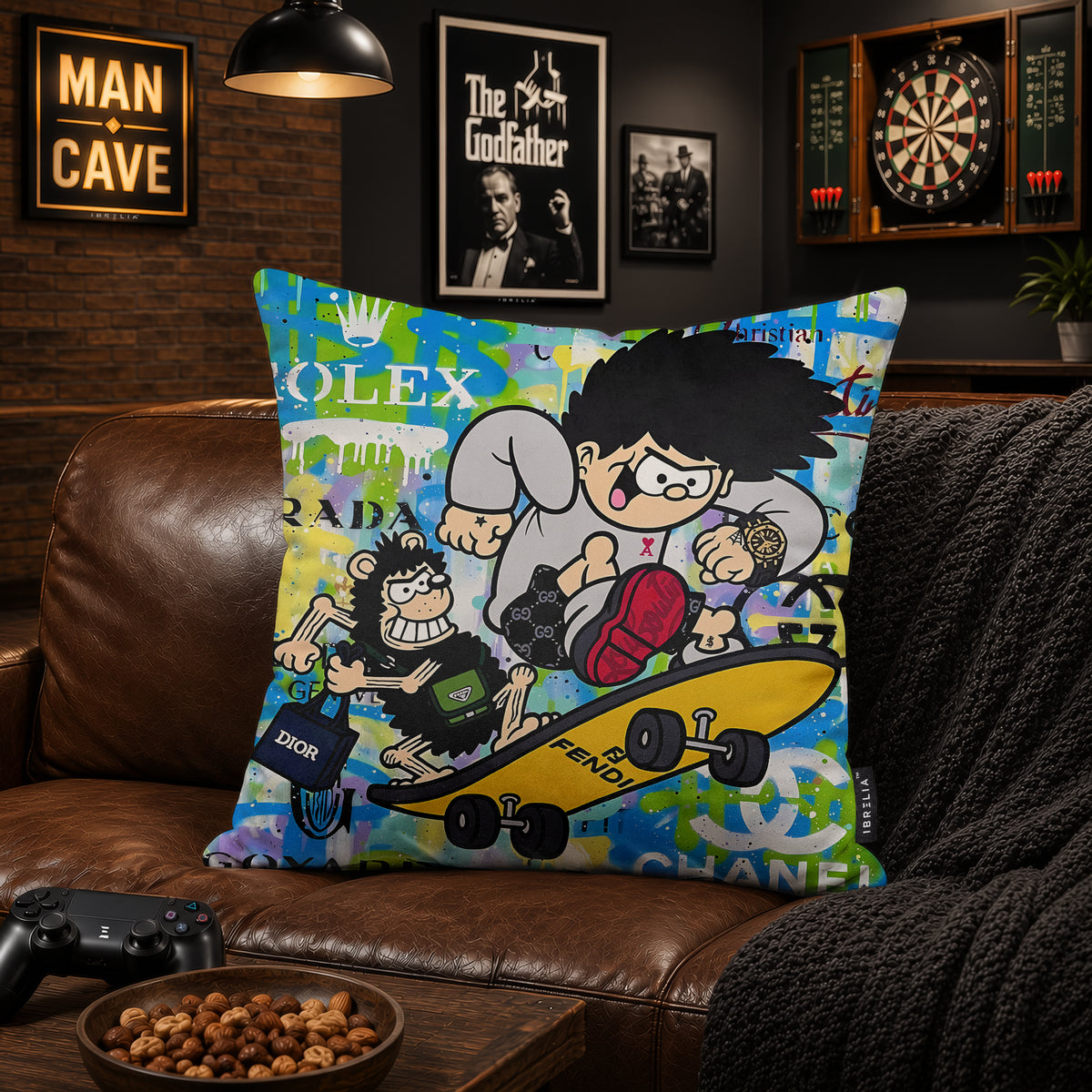 Dennis the Menace & Gnasher Skateboard Pop Art Cushion | Premium Velvet Suede | Double-Sided Print