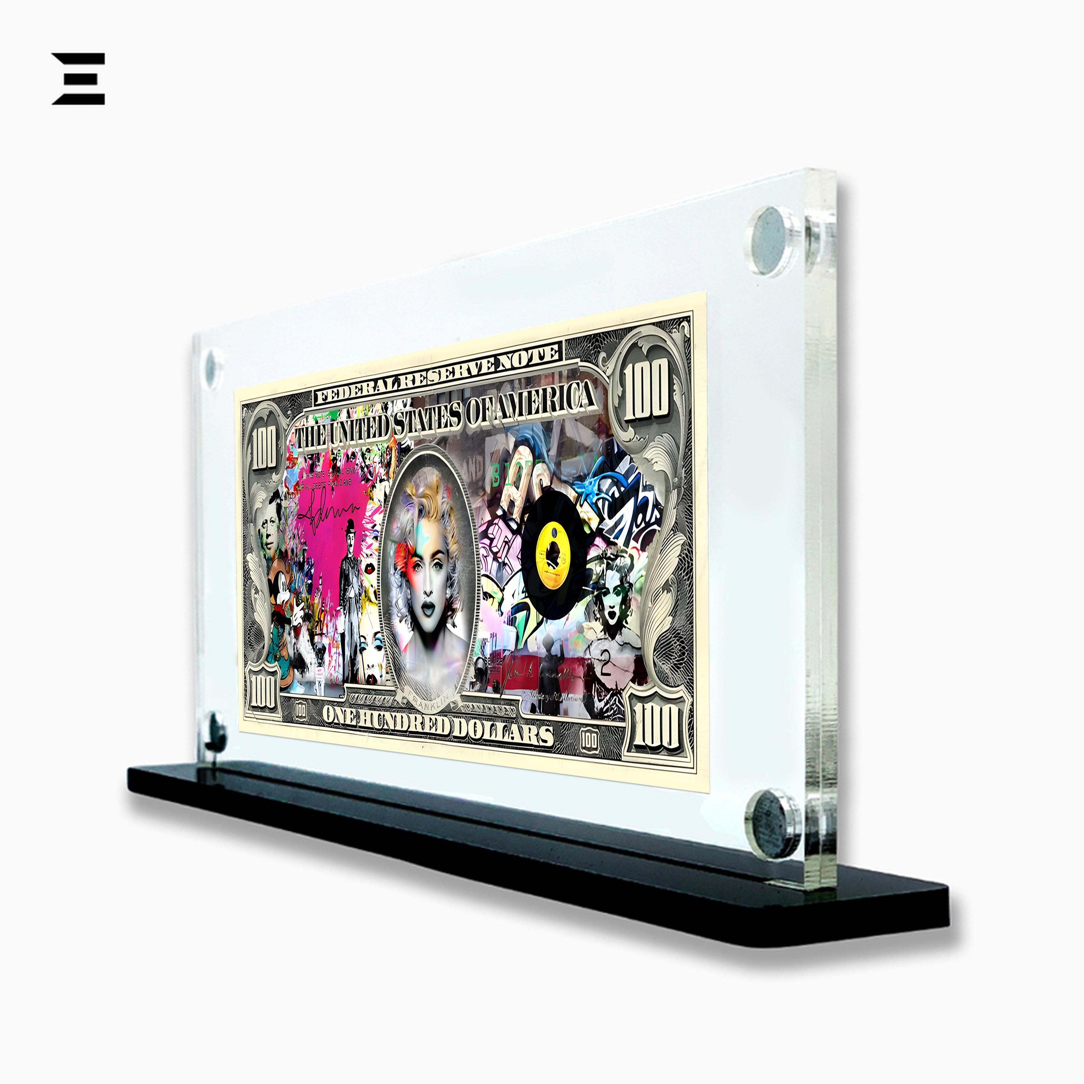 Premium Magnetic Acrylic Frame with Black Base – Madonna $100 Pop Art Dollar IBRELIA