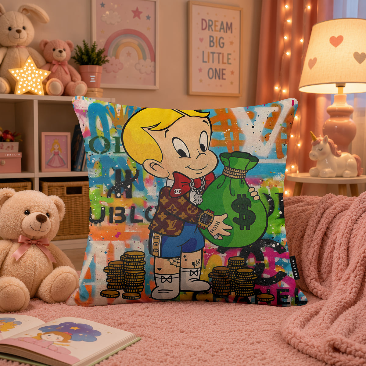 Richie Rich Money Bag Pop Art Cushion | Premium Velvet Suede | Double-Sided Print