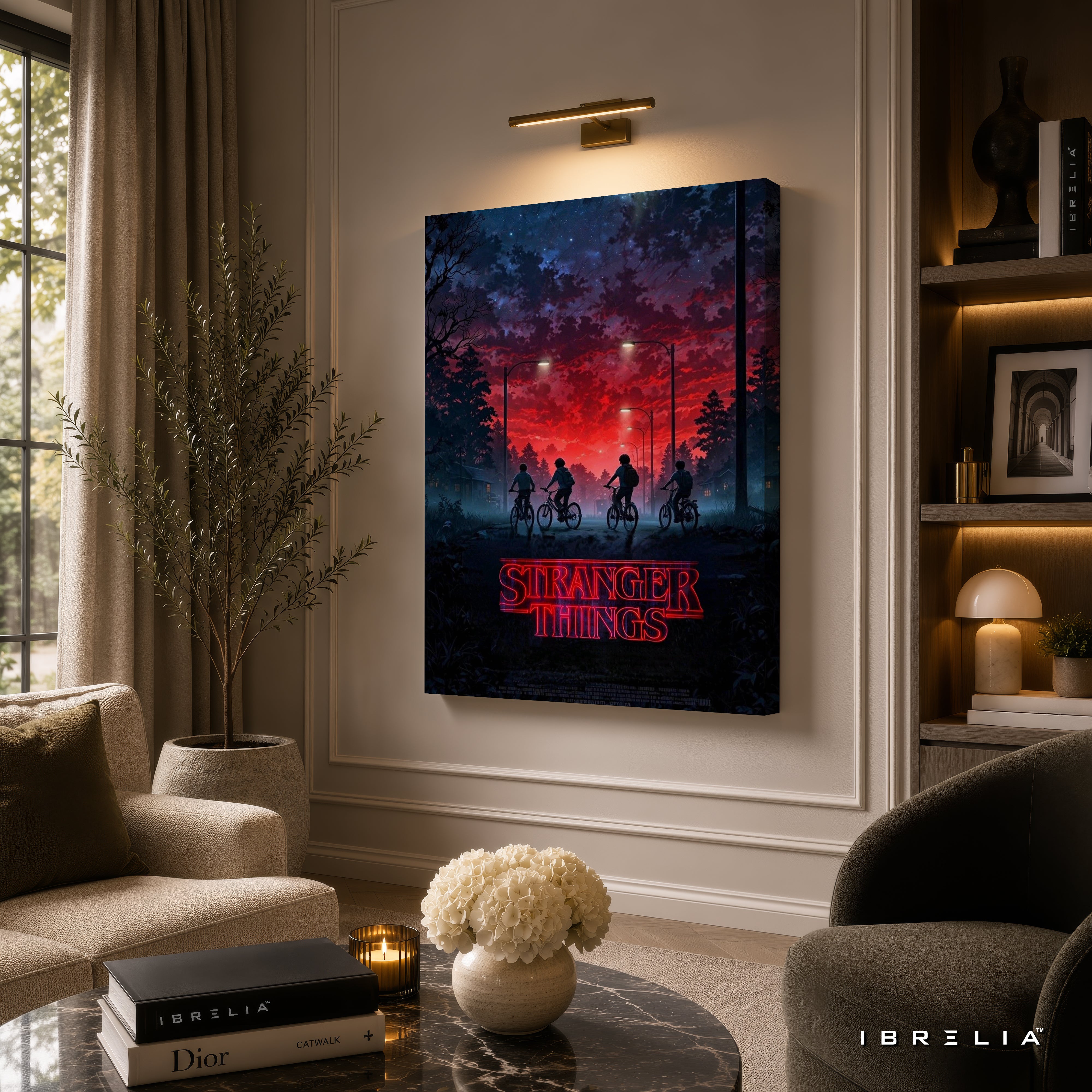 Stranger Things Premium Canvas Wall Art – Hawkins Bicycle Poster | Netflix Series Artwork | Retro Sci-Fi Horror Canvas Decor | IBRELIA™