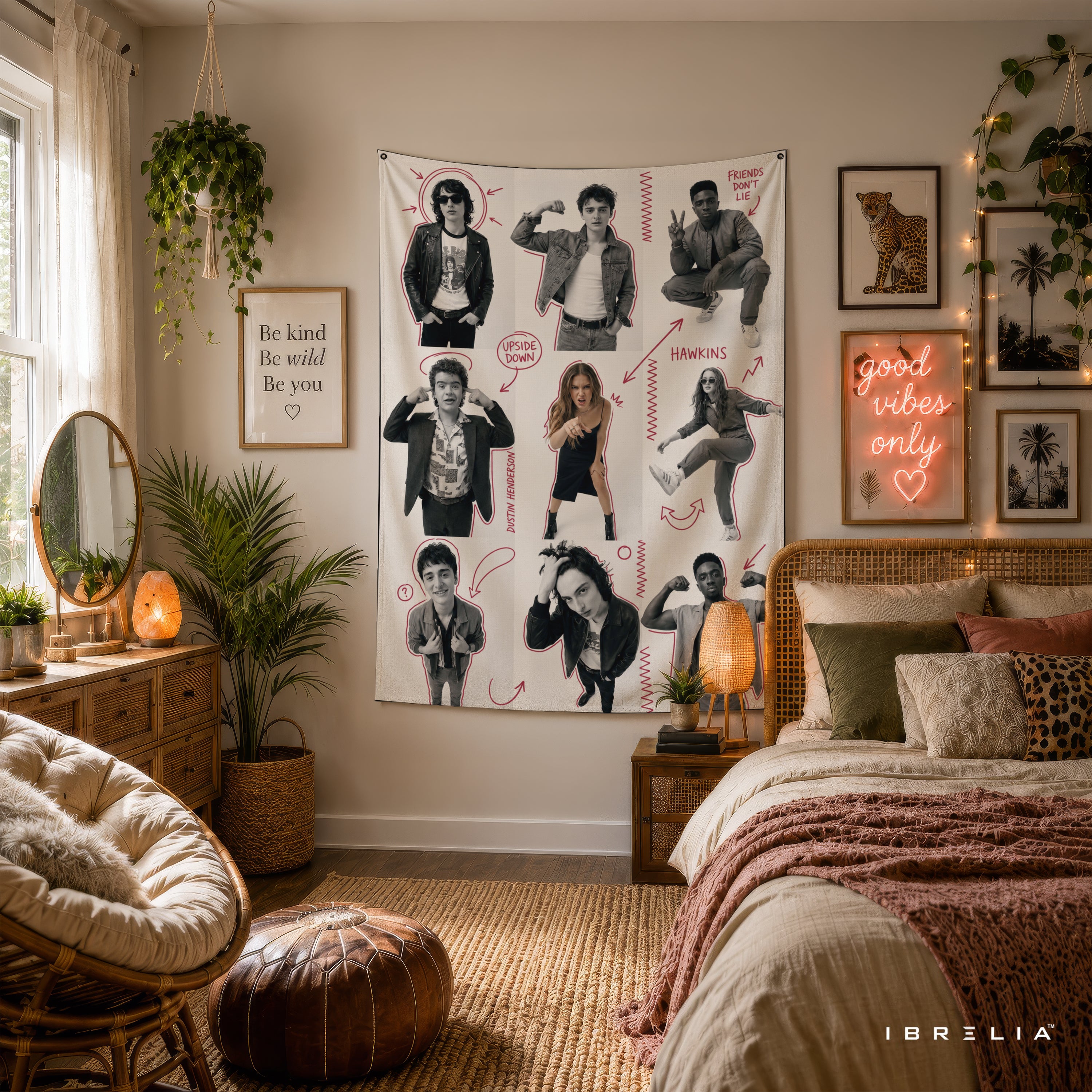 Stranger Things Character Sketch Wall Tapestry – Retro Hawkins Collage Wall Hanging