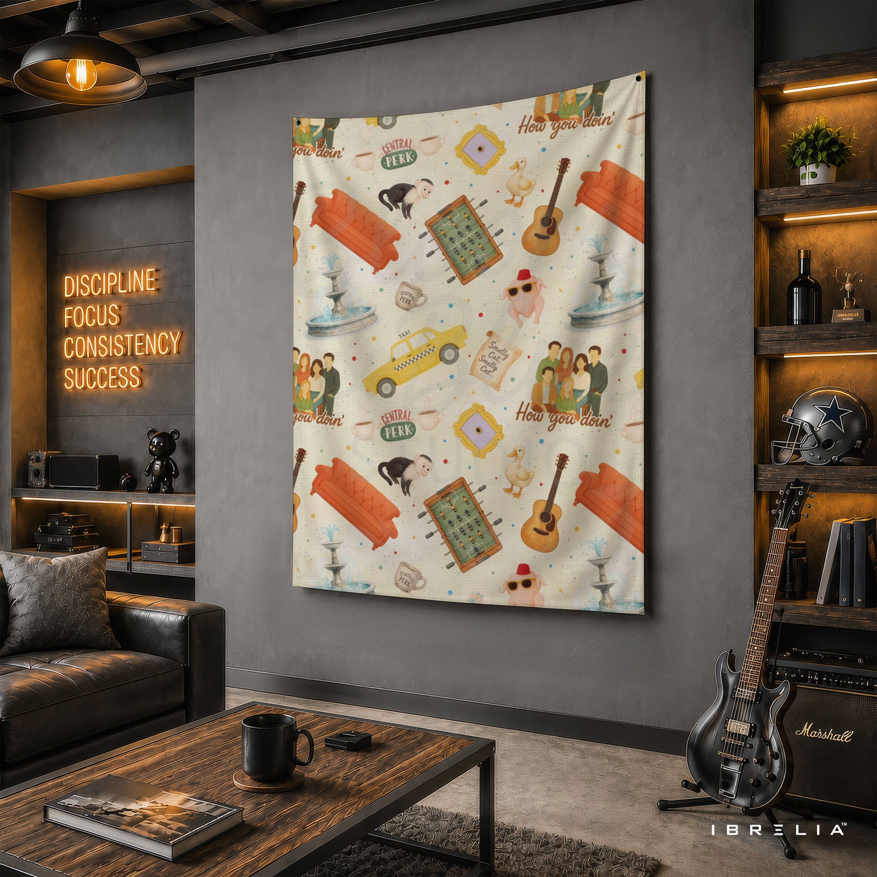 Friends Icons Pattern Wall Tapestry – Central Perk Sitcom Room Decor