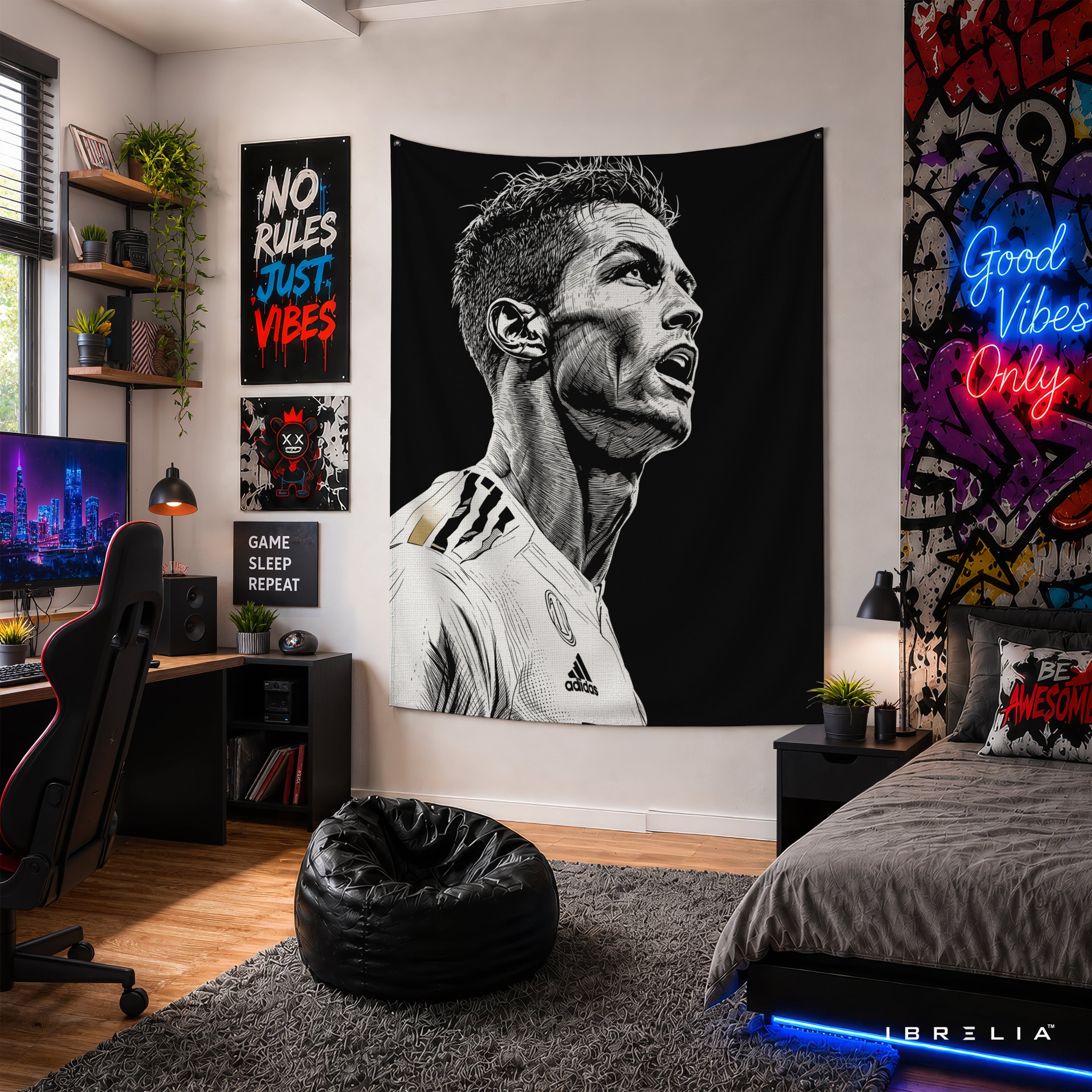 Cristiano Ronaldo Monochrome Wall Tapestry | Premium Heavyweight Jute Fabric Wall Hanging