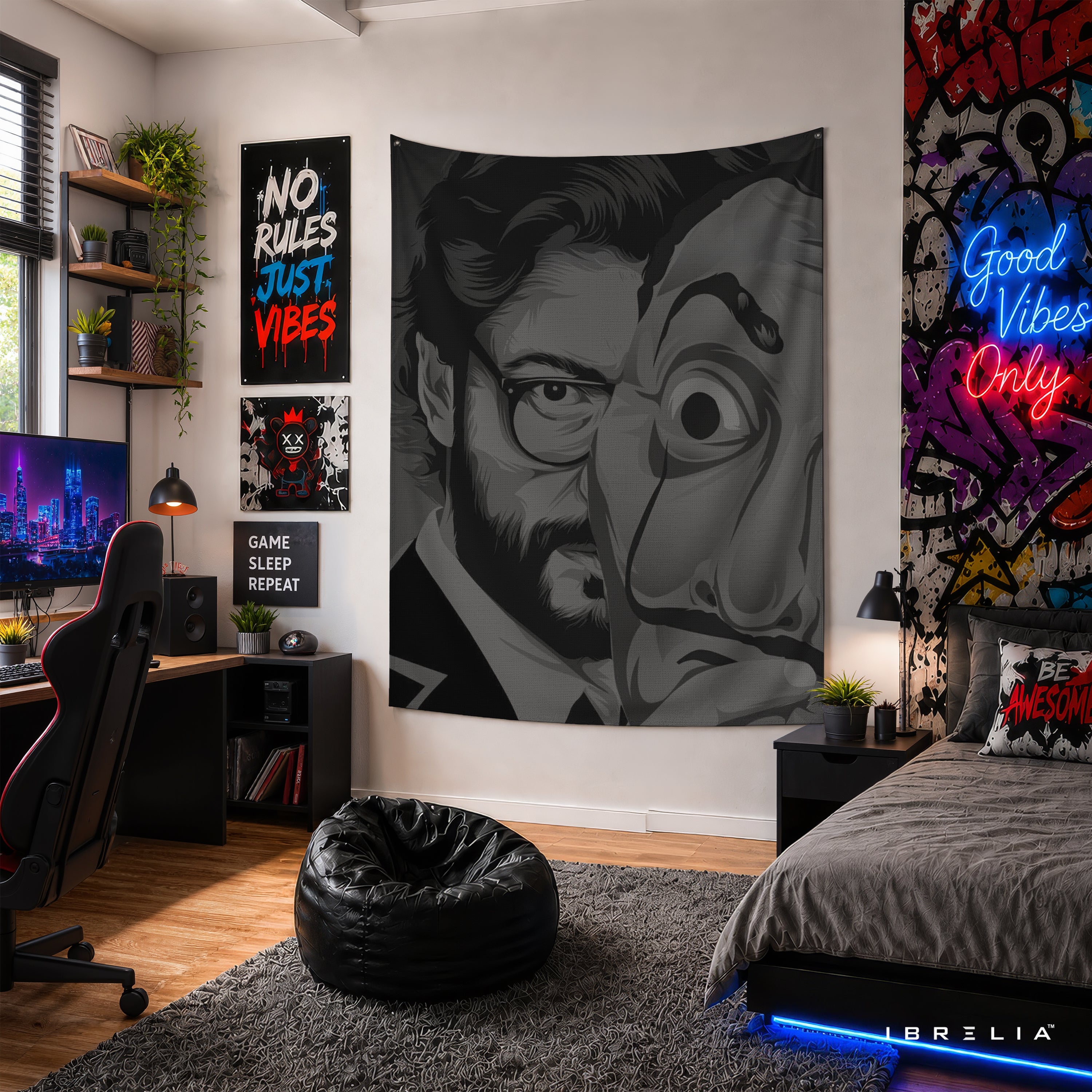The Professor & Salvador Dalí Mask Wall Tapestry | Premium Heavyweight Jute Fabric Wall Hanging