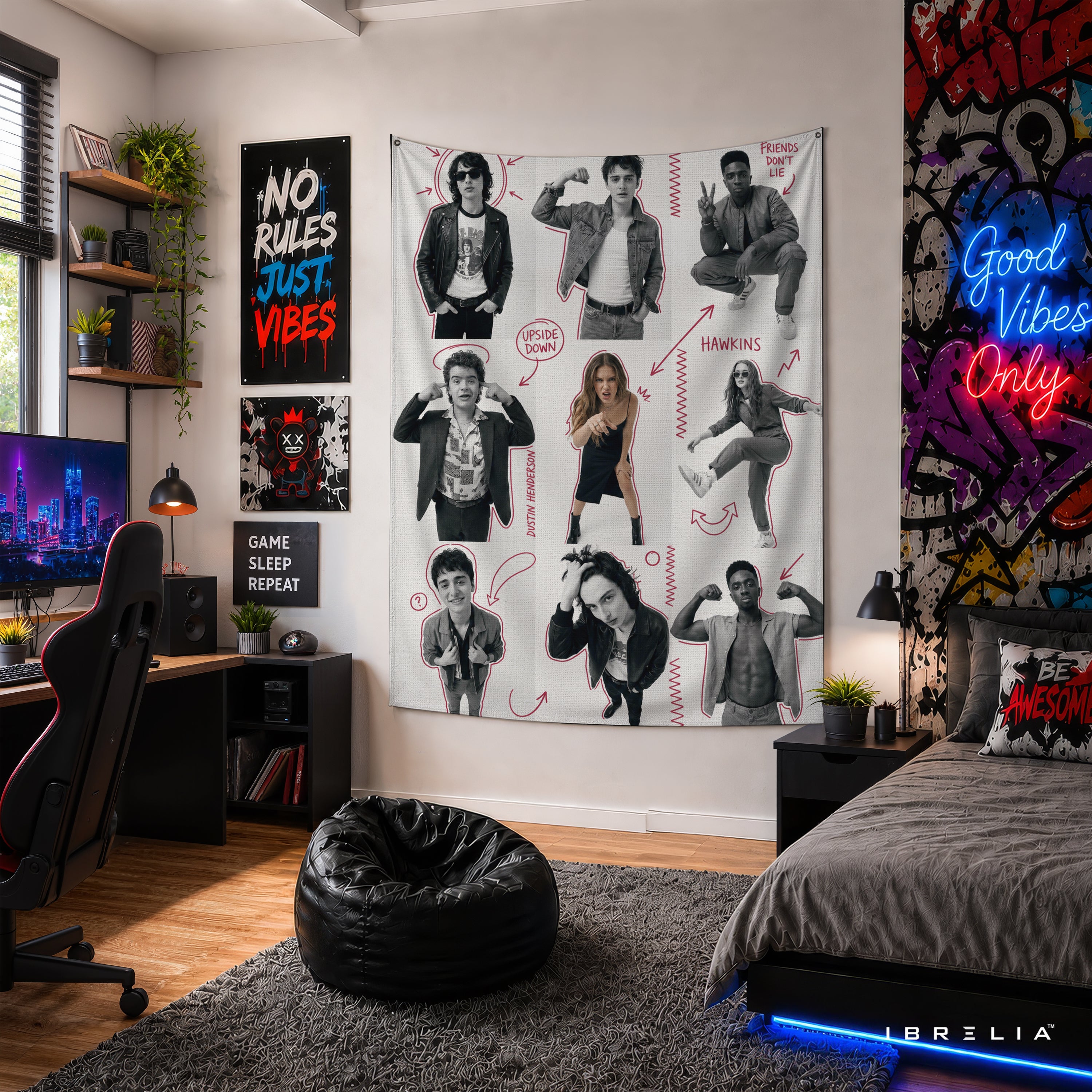 Stranger Things Character Sketch Wall Tapestry – Retro Hawkins Collage Wall Hanging