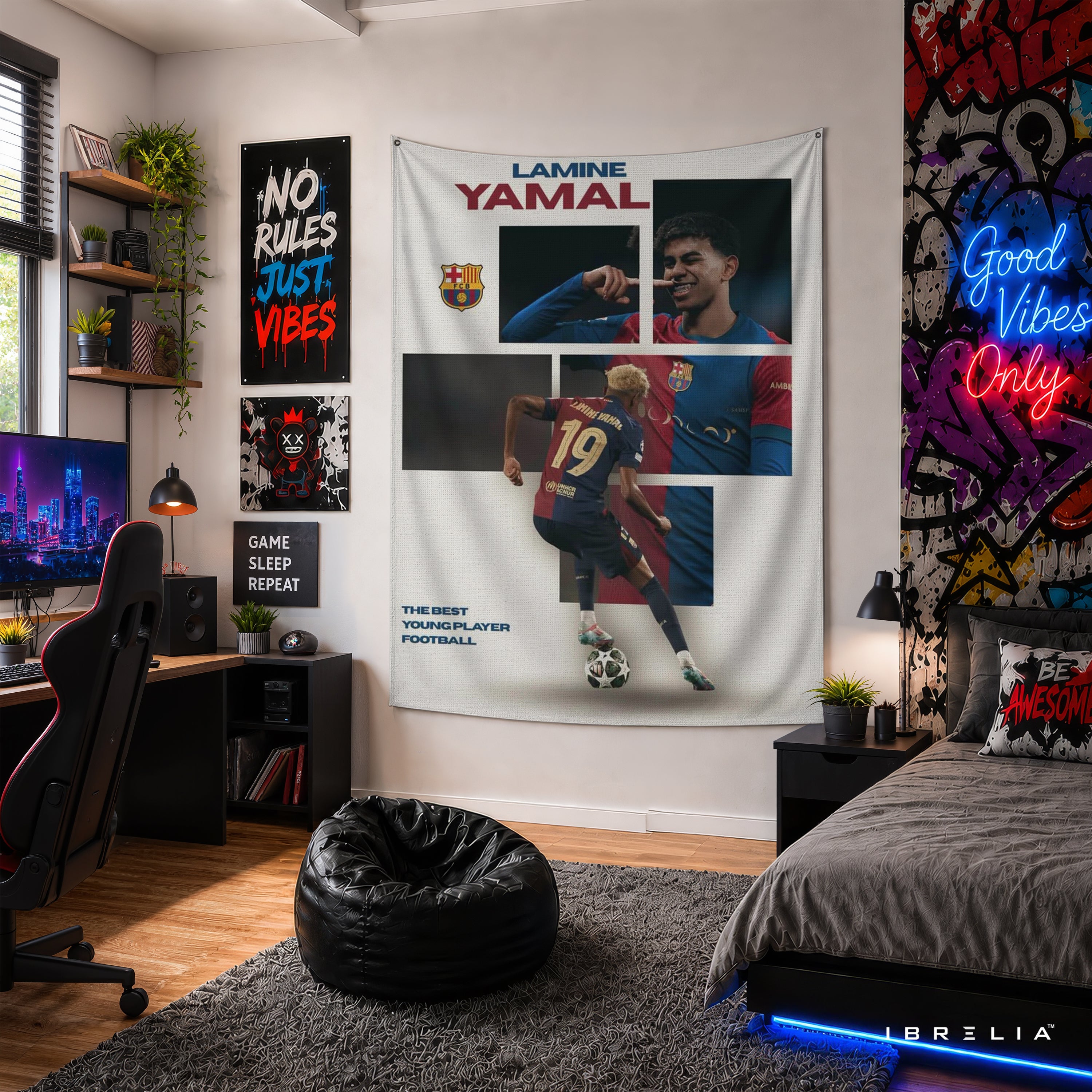 Lamine Yamal FC Barcelona Collage Wall Tapestry | Premium Heavyweight Jute Fabric Wall Hanging