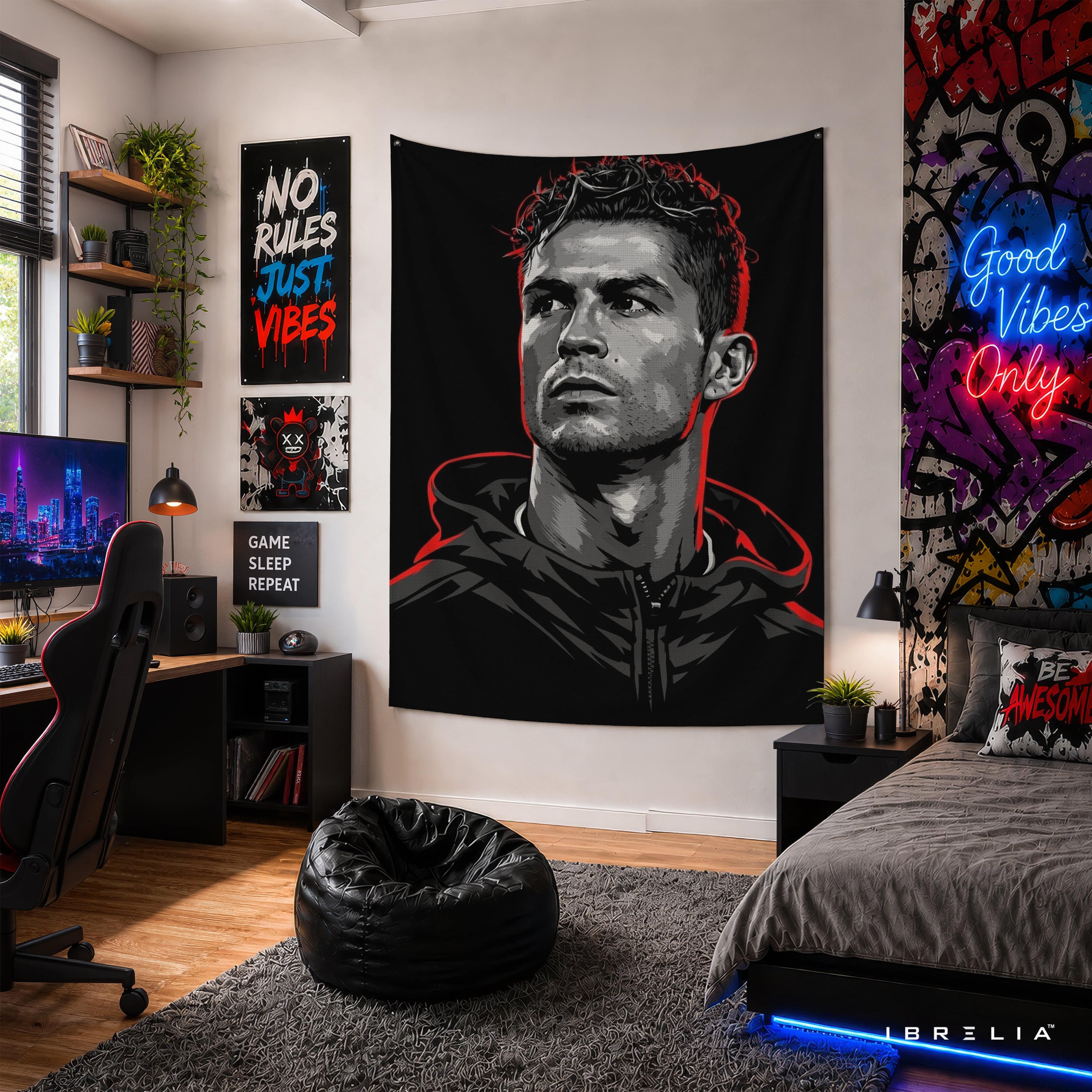 Cristiano Ronaldo Street Art Wall Tapestry | Premium Heavyweight Jute Fabric Wall Hanging