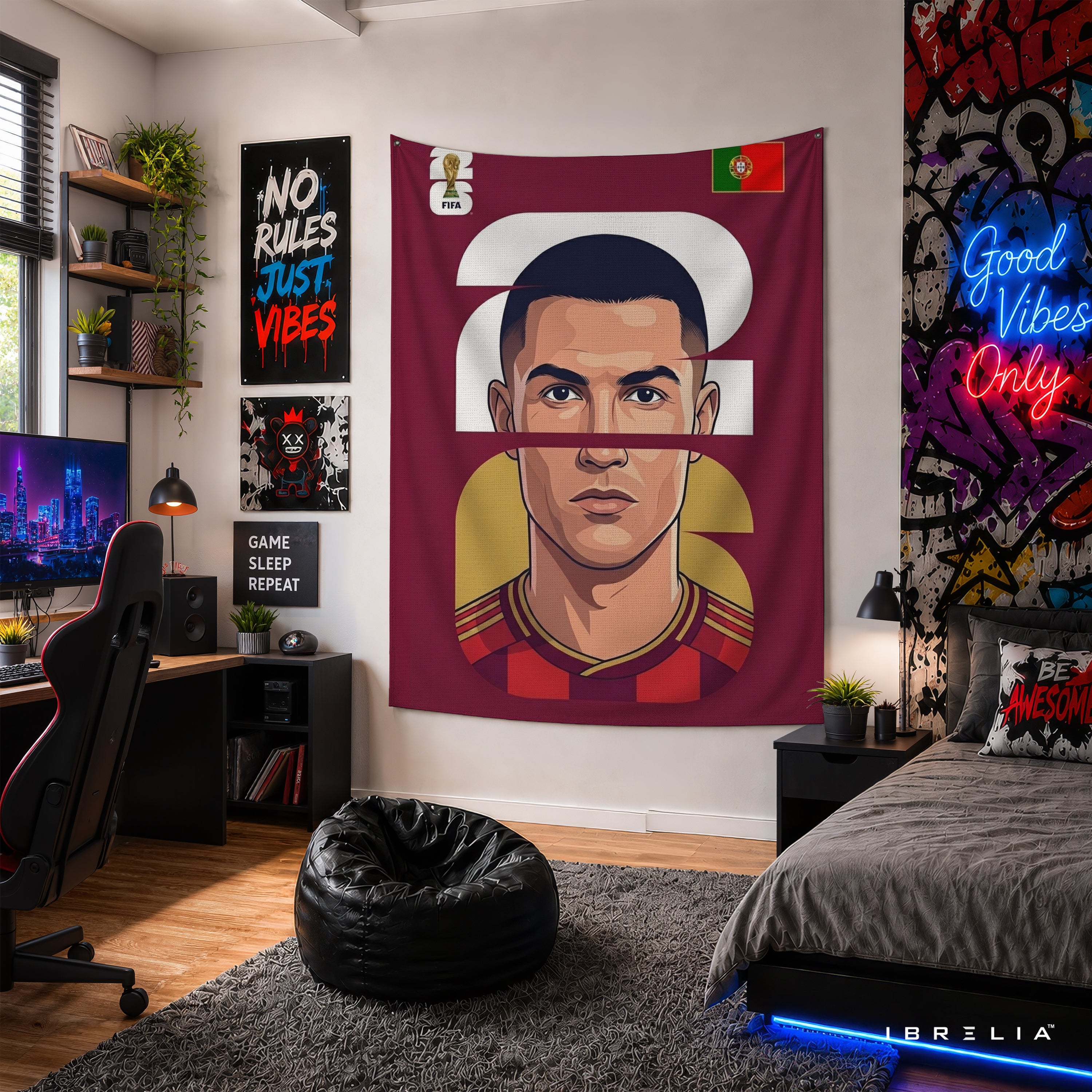 Cristiano Ronaldo Portugal Minimal Portrait Wall Tapestry | Premium Heavyweight Jute Fabric Wall Hanging