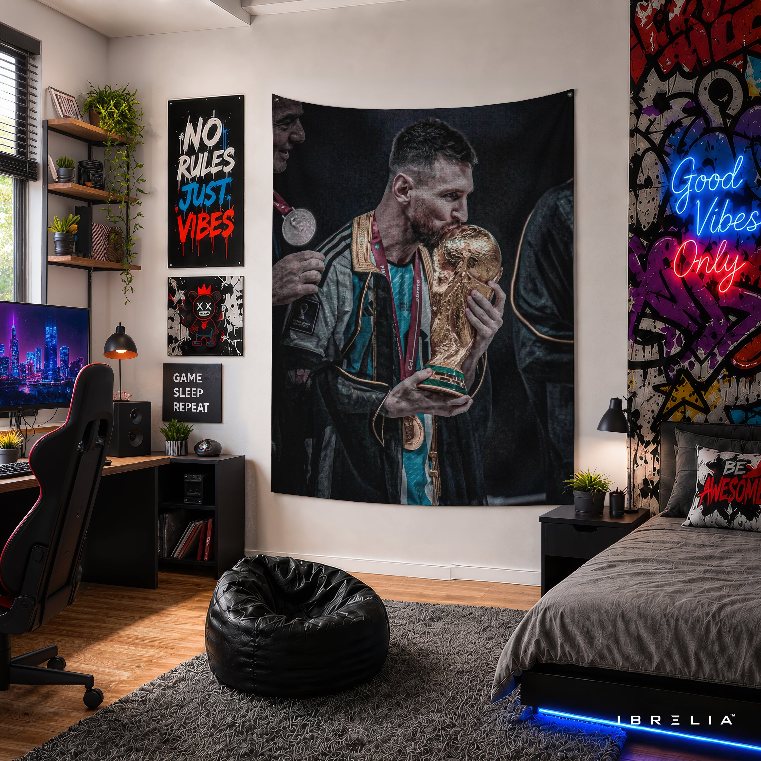 Lionel Messi World Cup Kiss Wall Tapestry | Premium Heavyweight Jute Fabric Wall Hanging