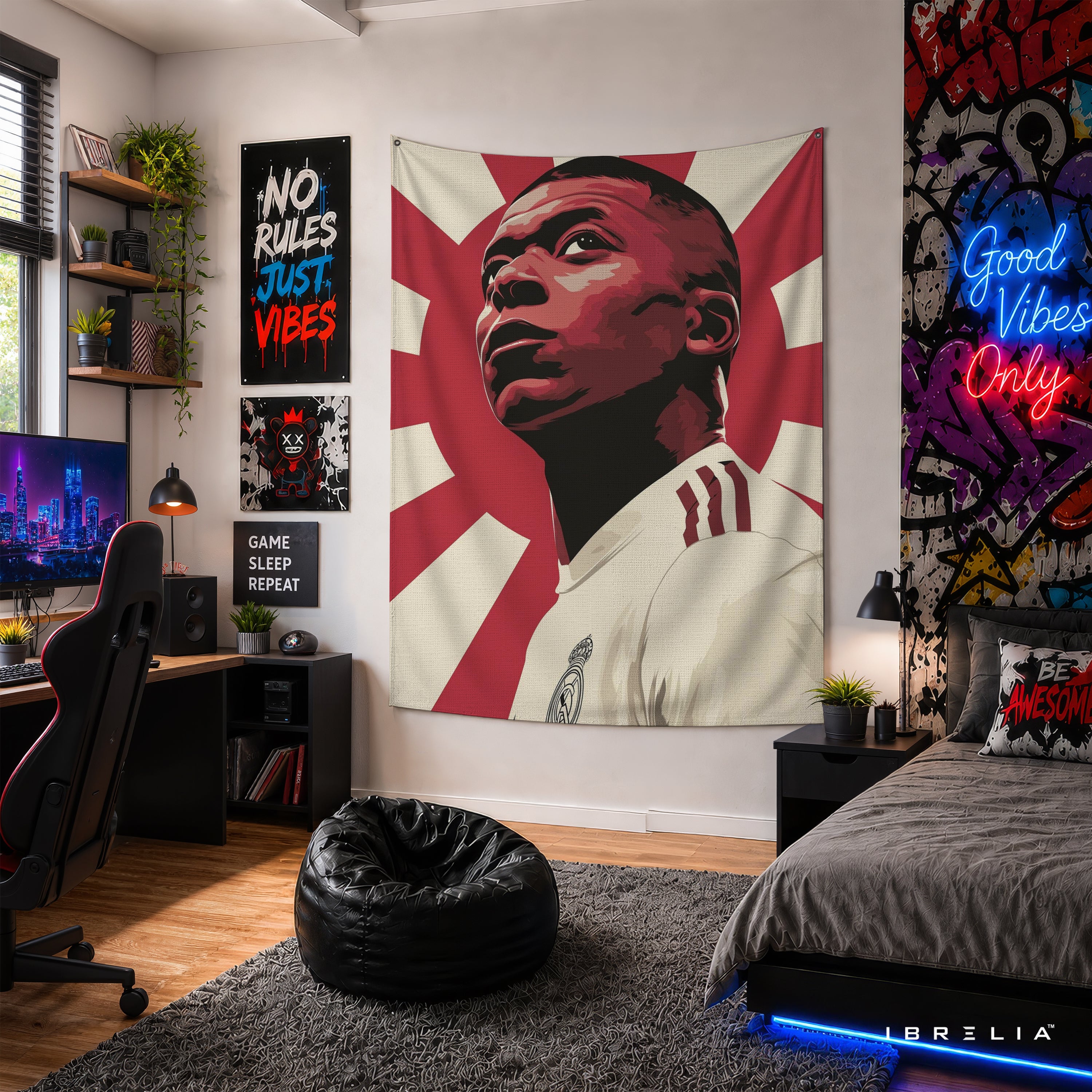 Kylian Mbappé Rising Sun Wall Tapestry | Premium Heavyweight Jute Fabric Wall Hanging