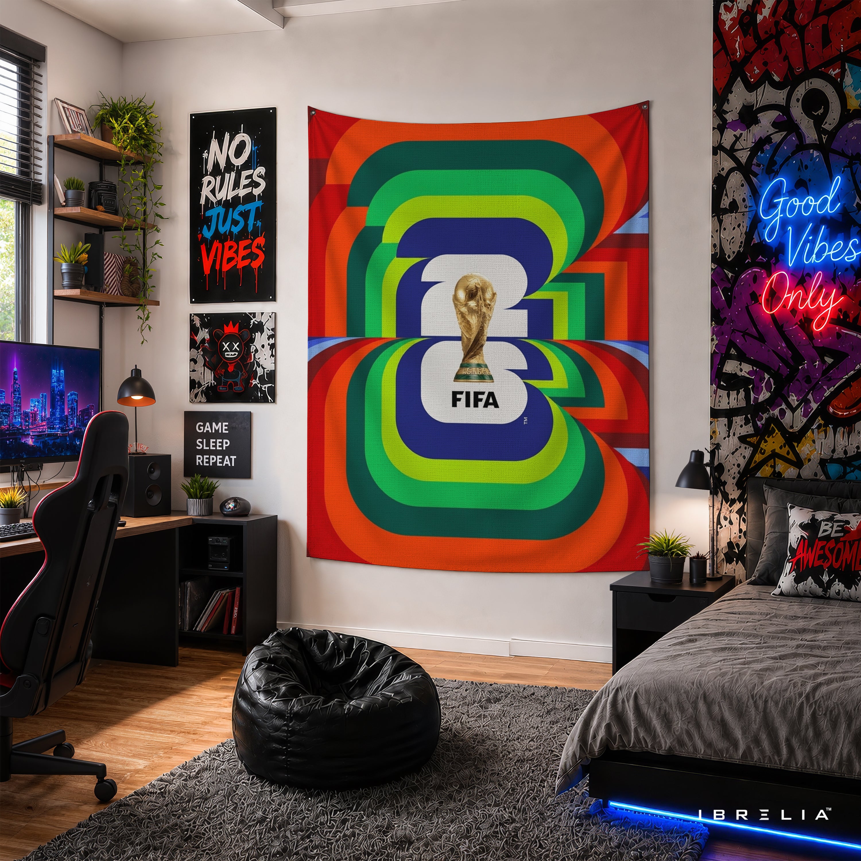 FIFA World Cup 2026 Vibrant Emblem Wall Tapestry | Premium Heavyweight Jute Fabric Wall Hanging