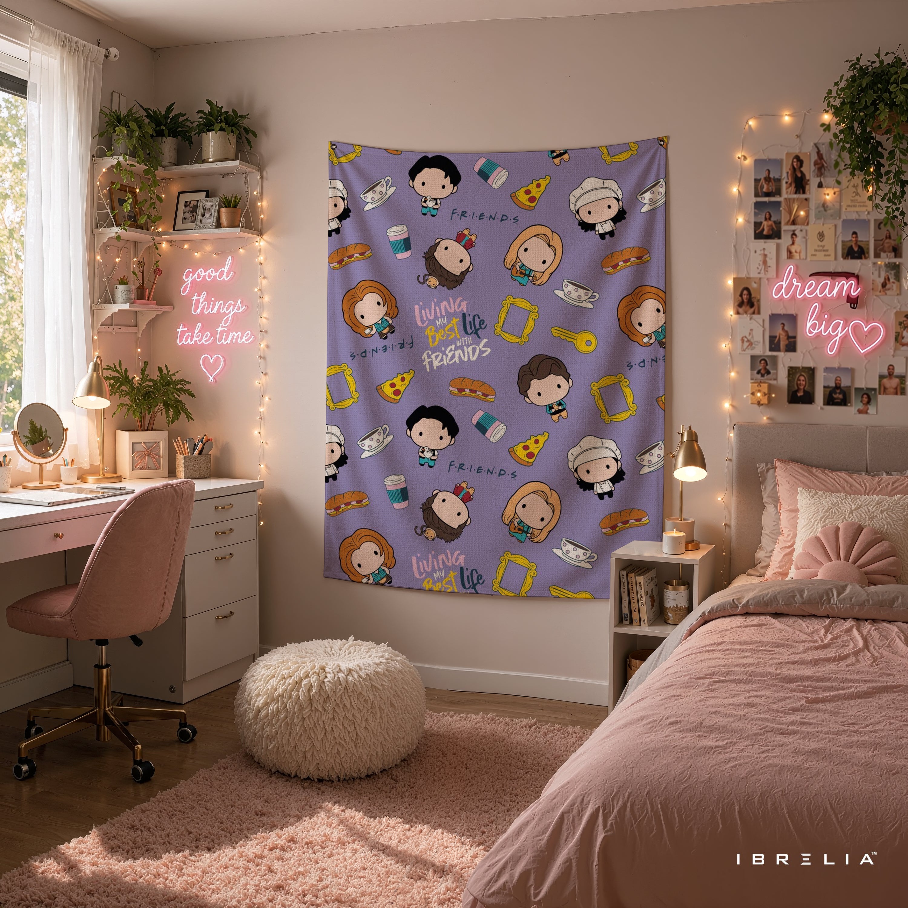 Friends Cute Cartoon Characters Wall Tapestry – Kawaii Sitcom Pattern Wall Hanging