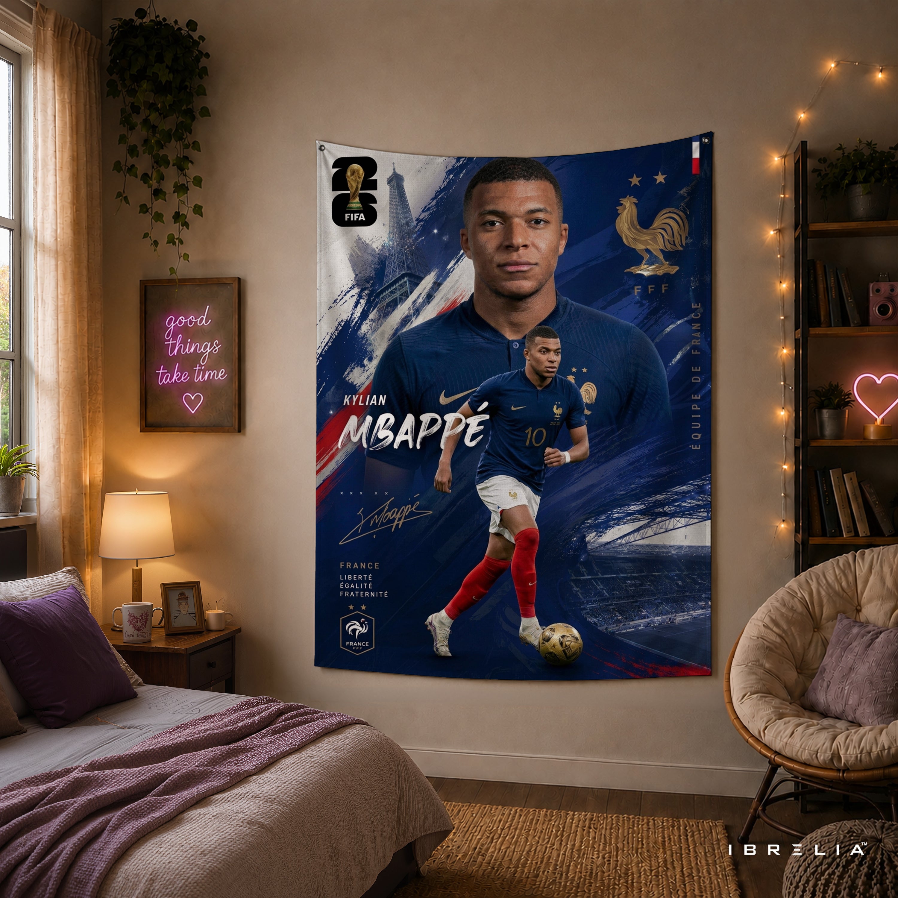 Kylian Mbappé France Champion Edition Wall Tapestry | Premium Heavyweight Jute Fabric Wall Hanging