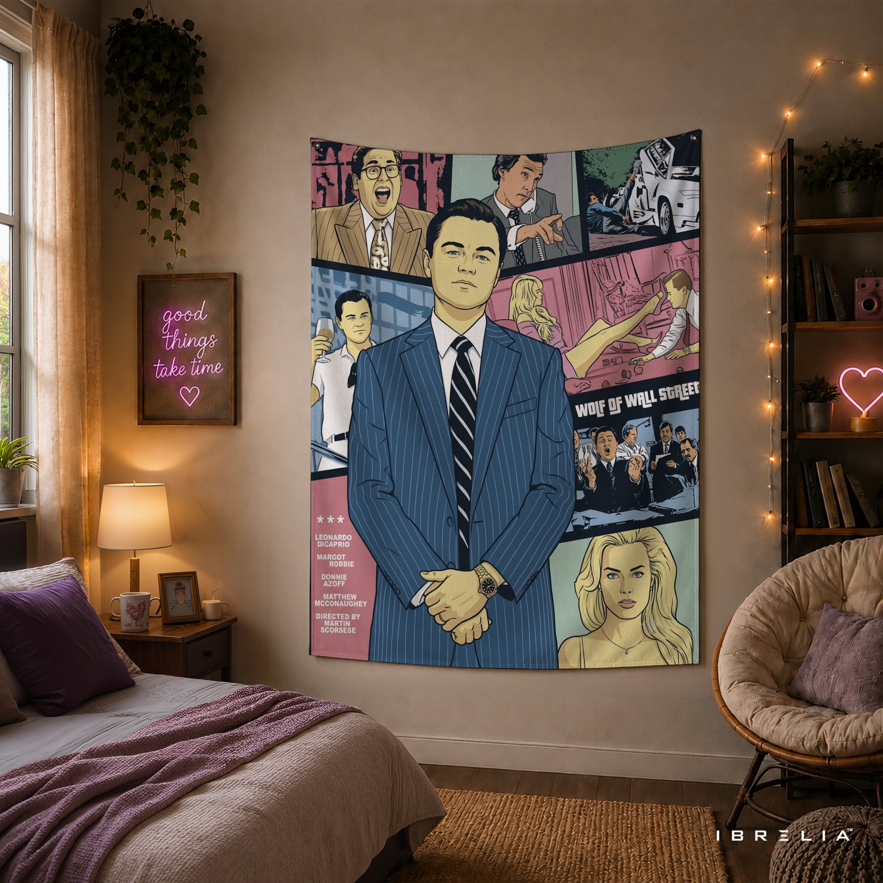 The Wolf of Wall Street Comic Style Wall Tapestry – Premium Movie Inspired Wall Hanging for Home, Office & Gaming Room