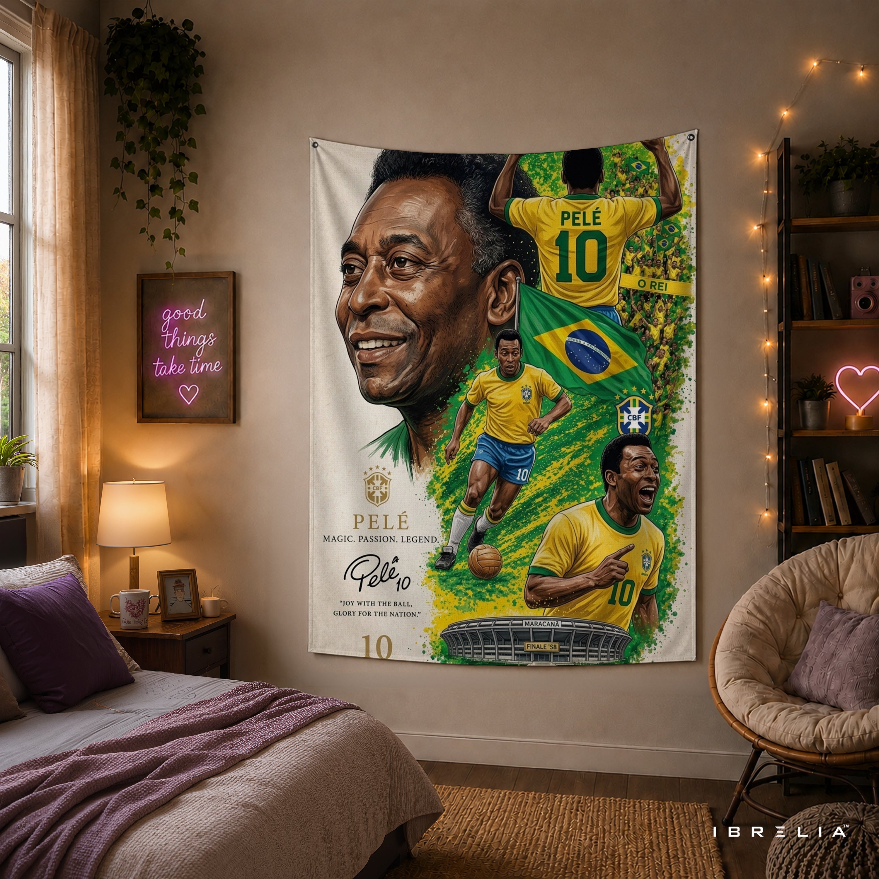 Pelé Brazil Legend Wall Tapestry | Premium Heavyweight Jute Fabric Wall Hanging