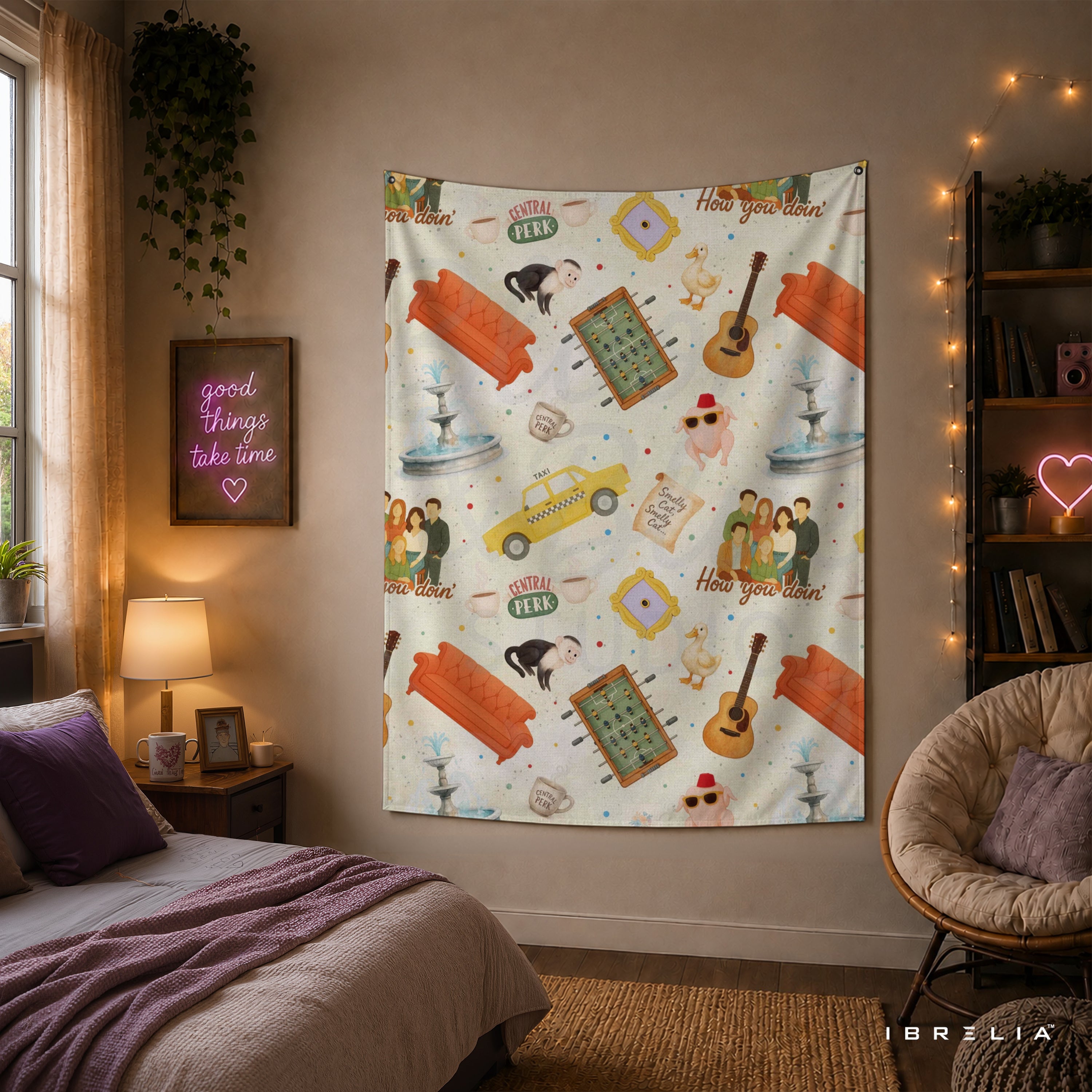 Friends Icons Pattern Wall Tapestry – Central Perk Sitcom Room Decor