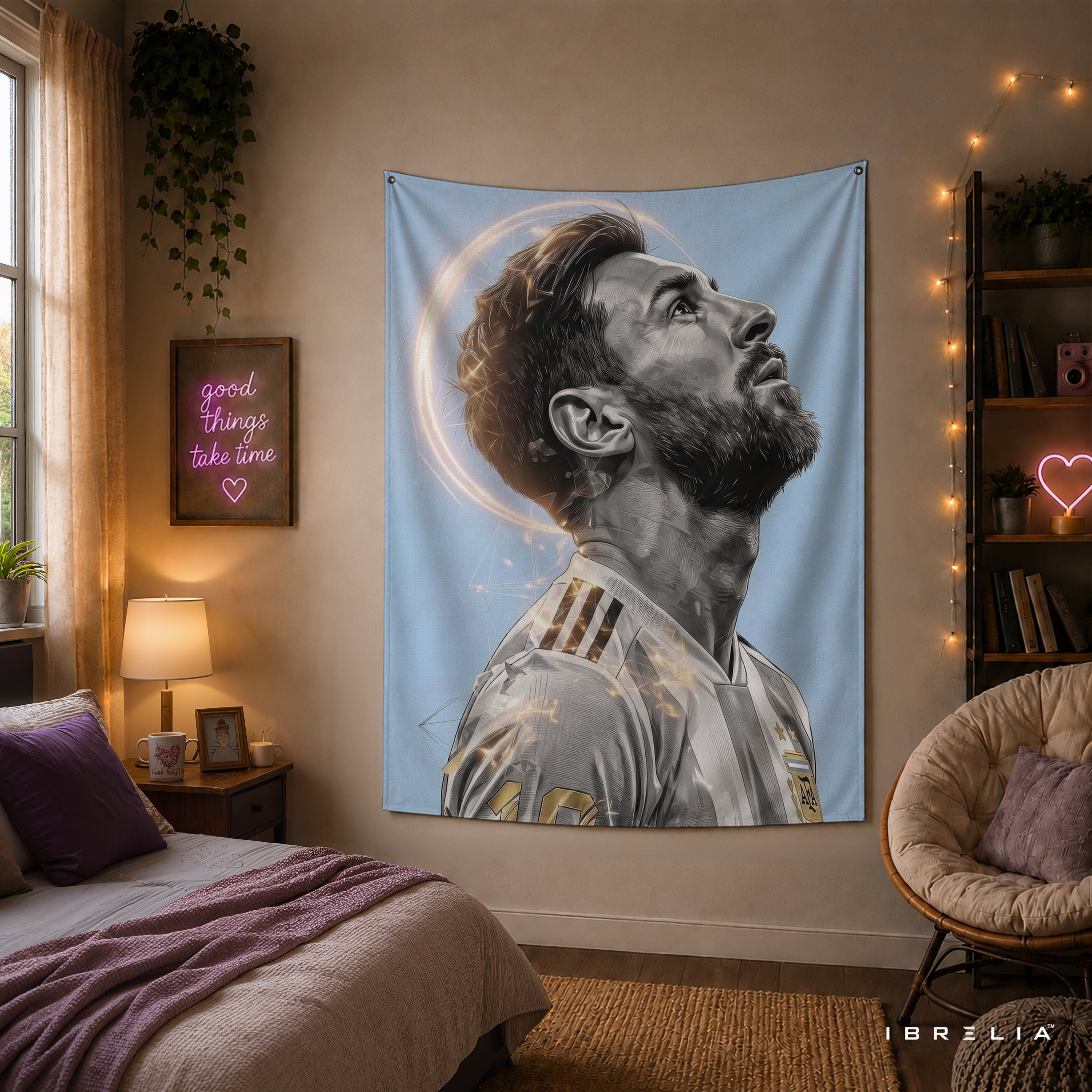 Lionel Messi Divine Aura Wall Tapestry | Premium Heavyweight Jute Fabric Wall Hanging