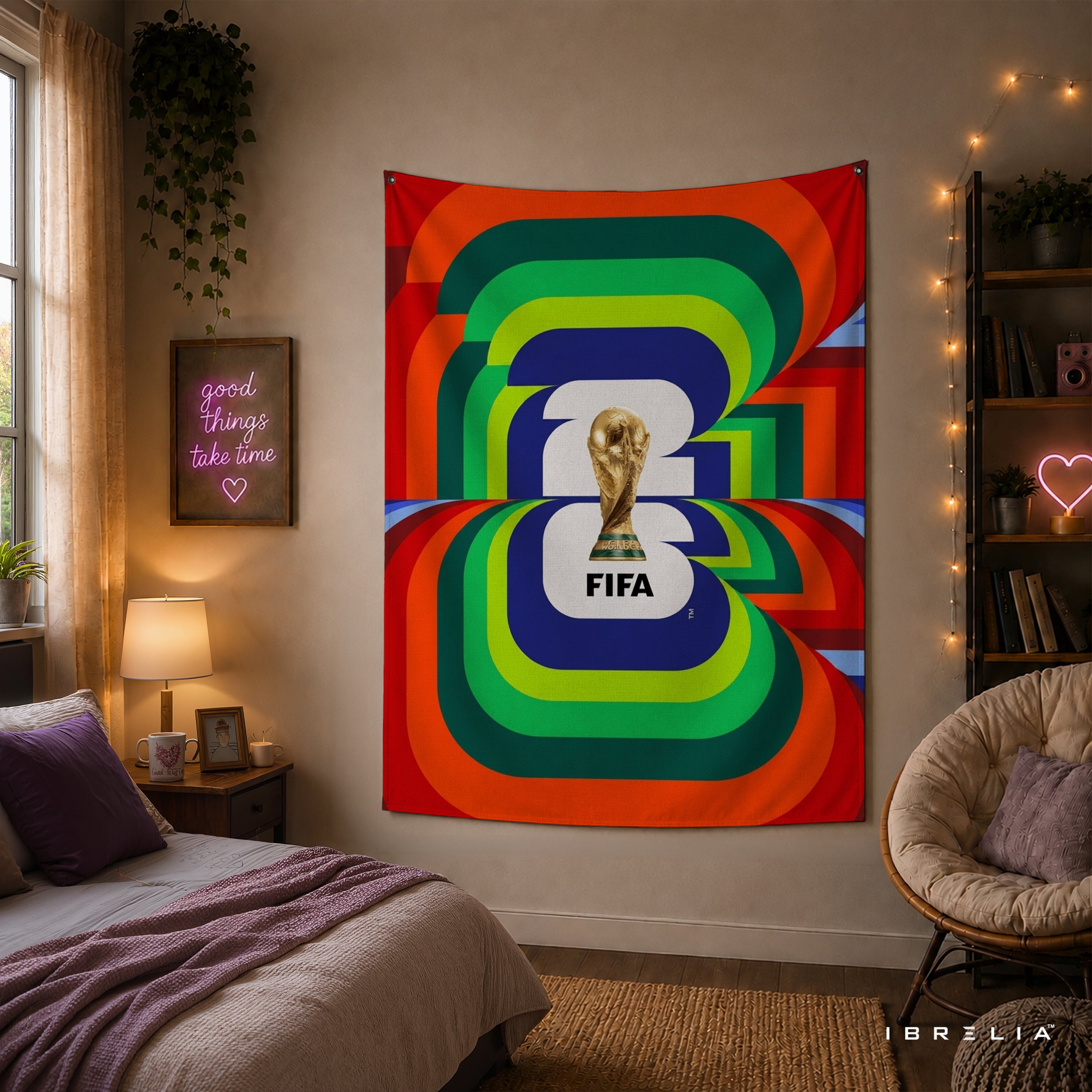 FIFA World Cup 2026 Vibrant Emblem Wall Tapestry | Premium Heavyweight Jute Fabric Wall Hanging
