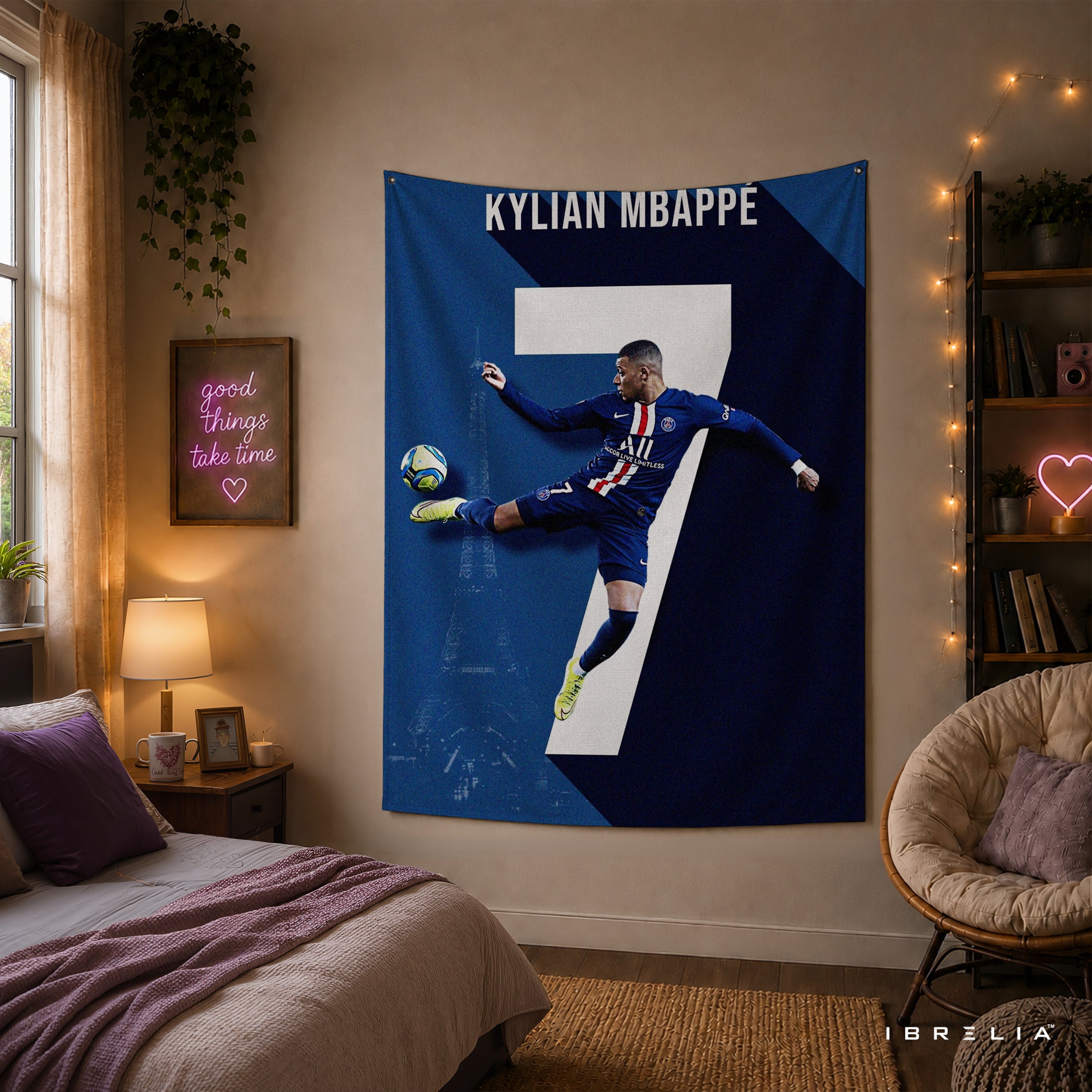 Kylian Mbappé Number 7 PSG Wall Tapestry | Premium Heavyweight Jute Fabric Wall Hanging