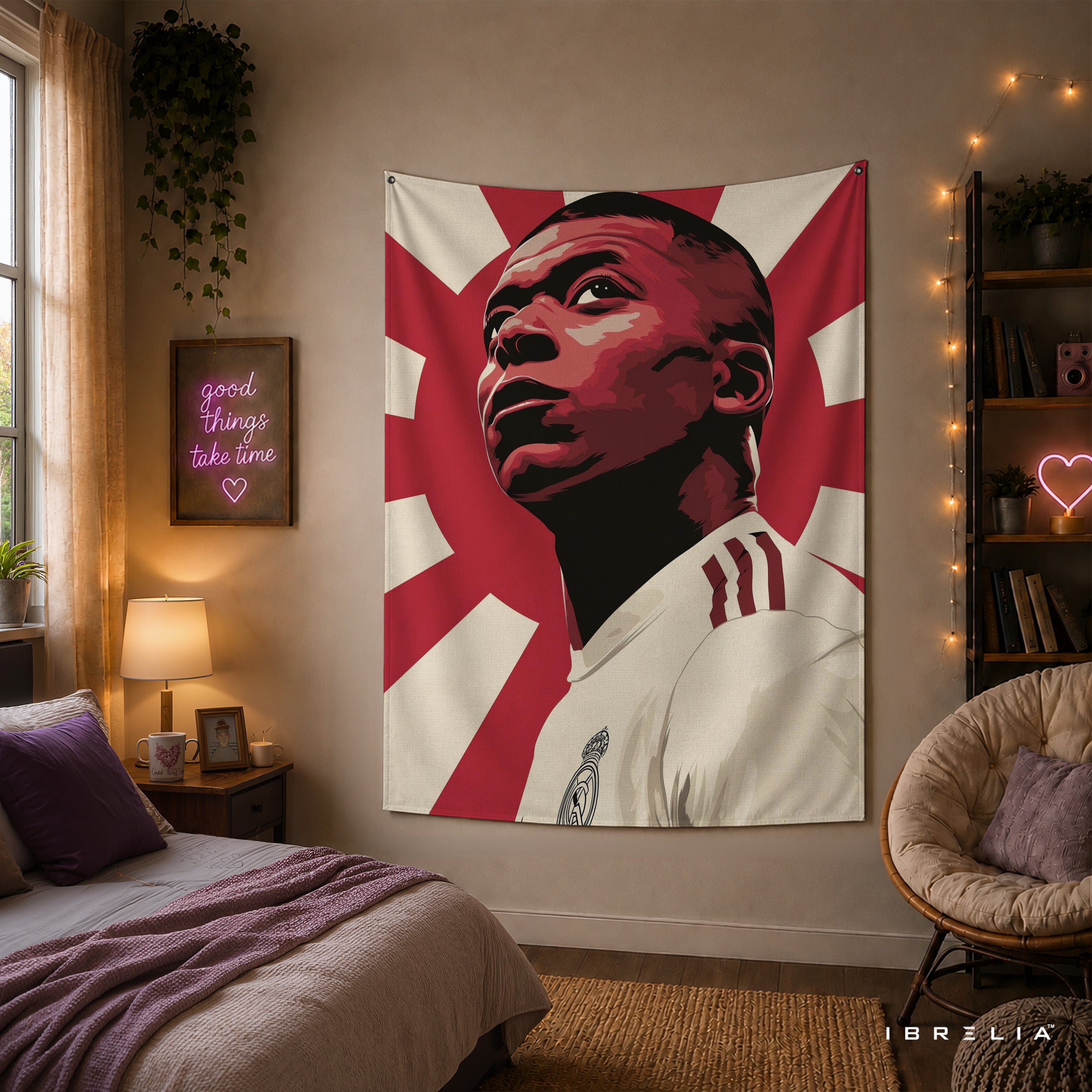 Kylian Mbappé Rising Sun Wall Tapestry | Premium Heavyweight Jute Fabric Wall Hanging