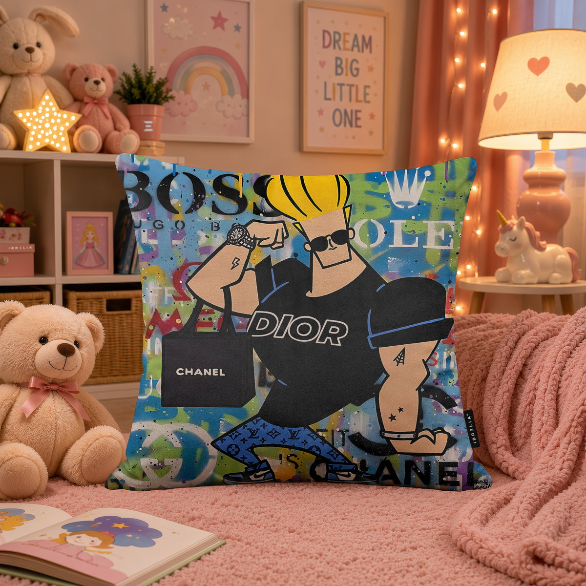 Johnny Bravo Luxury Shopping Fashion Pop Art Cushion | Premium Velvet Suede | Double-Sided Print