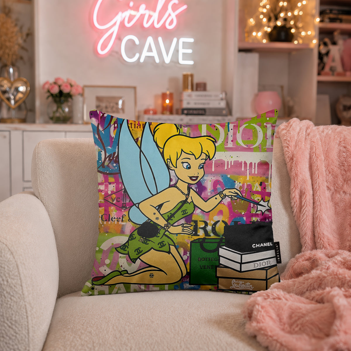 Tinker Bell Luxury Fashion Magic Pop Art Cushion | Premium Velvet Suede | Double-Sided Print