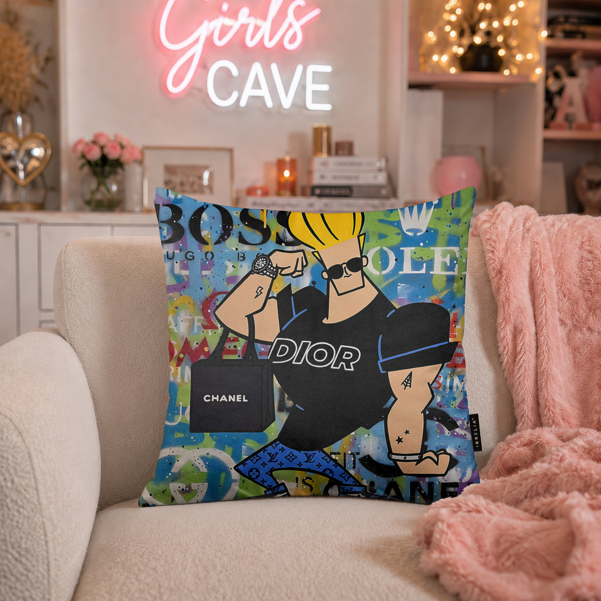 Johnny Bravo Luxury Shopping Fashion Pop Art Cushion | Premium Velvet Suede | Double-Sided Print