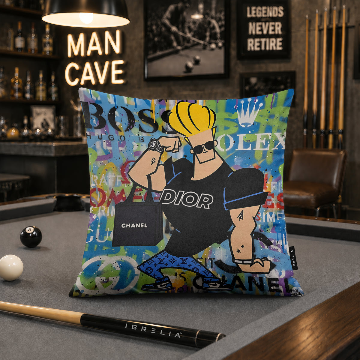 Johnny Bravo Luxury Shopping Fashion Pop Art Cushion | Premium Velvet Suede | Double-Sided Print
