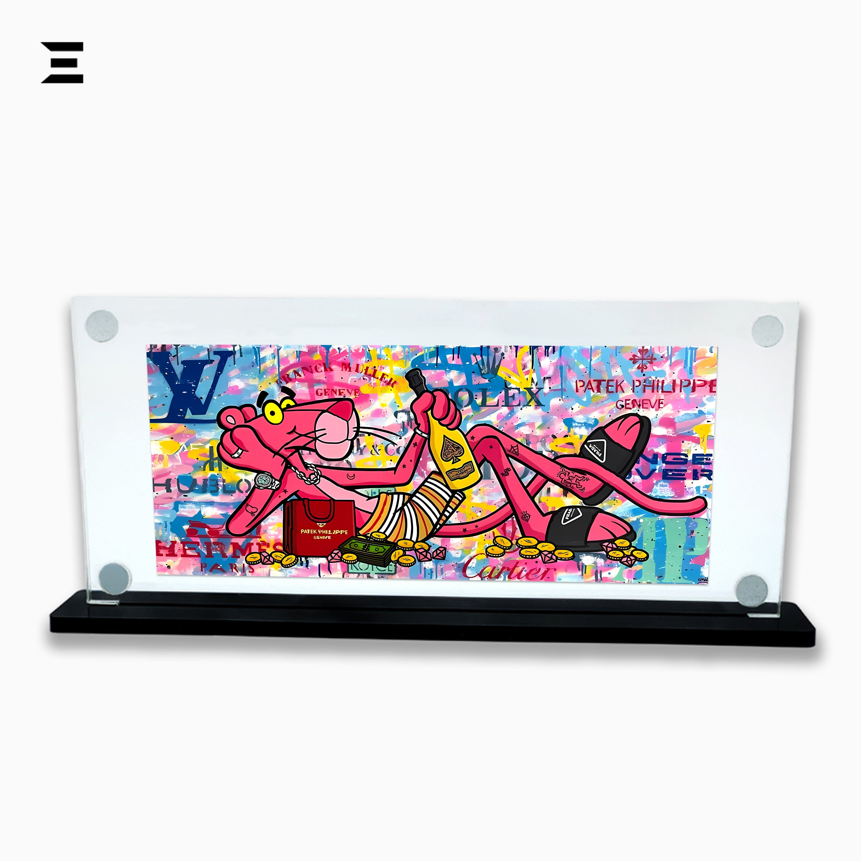 Premium Magnetic Acrylic Frame with Black Base – Pink Panther Luxury Graffiti Pop Art IBRELIA