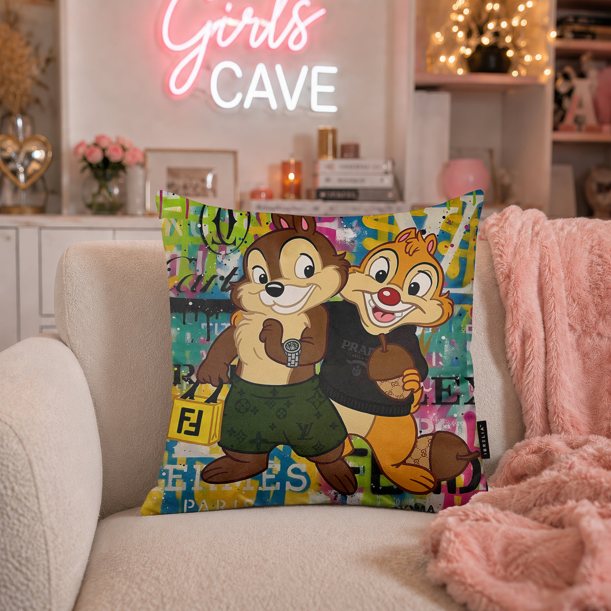 Chip ’n’ Dale Luxury Shopping Pop Art Cushion | Premium Velvet Suede | Double-Sided Print