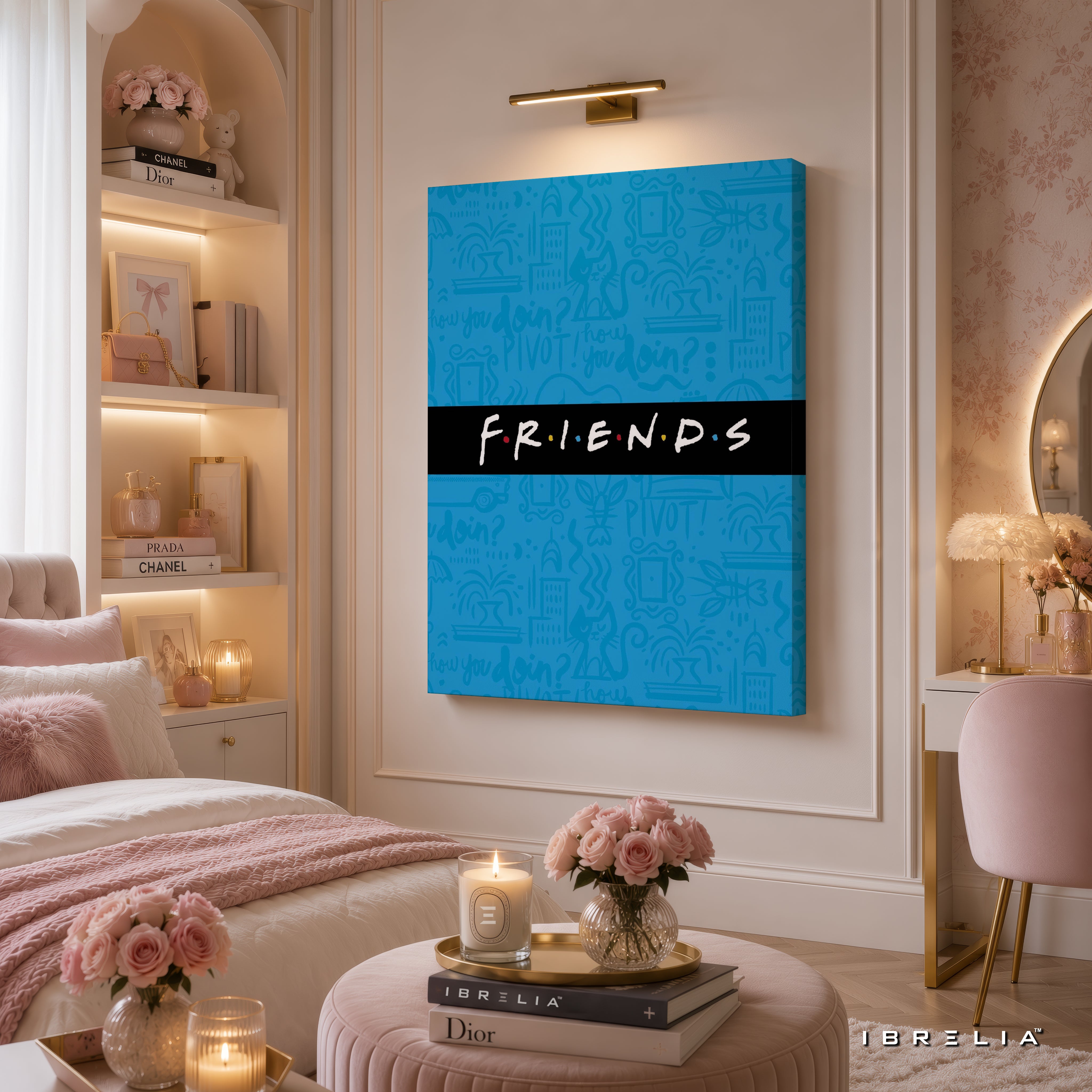 Friends Minimalist Logo Canvas Wall Art – Blue Friends Typography Canvas Print | Modern Sitcom Wall Decor | IBRELIA™
