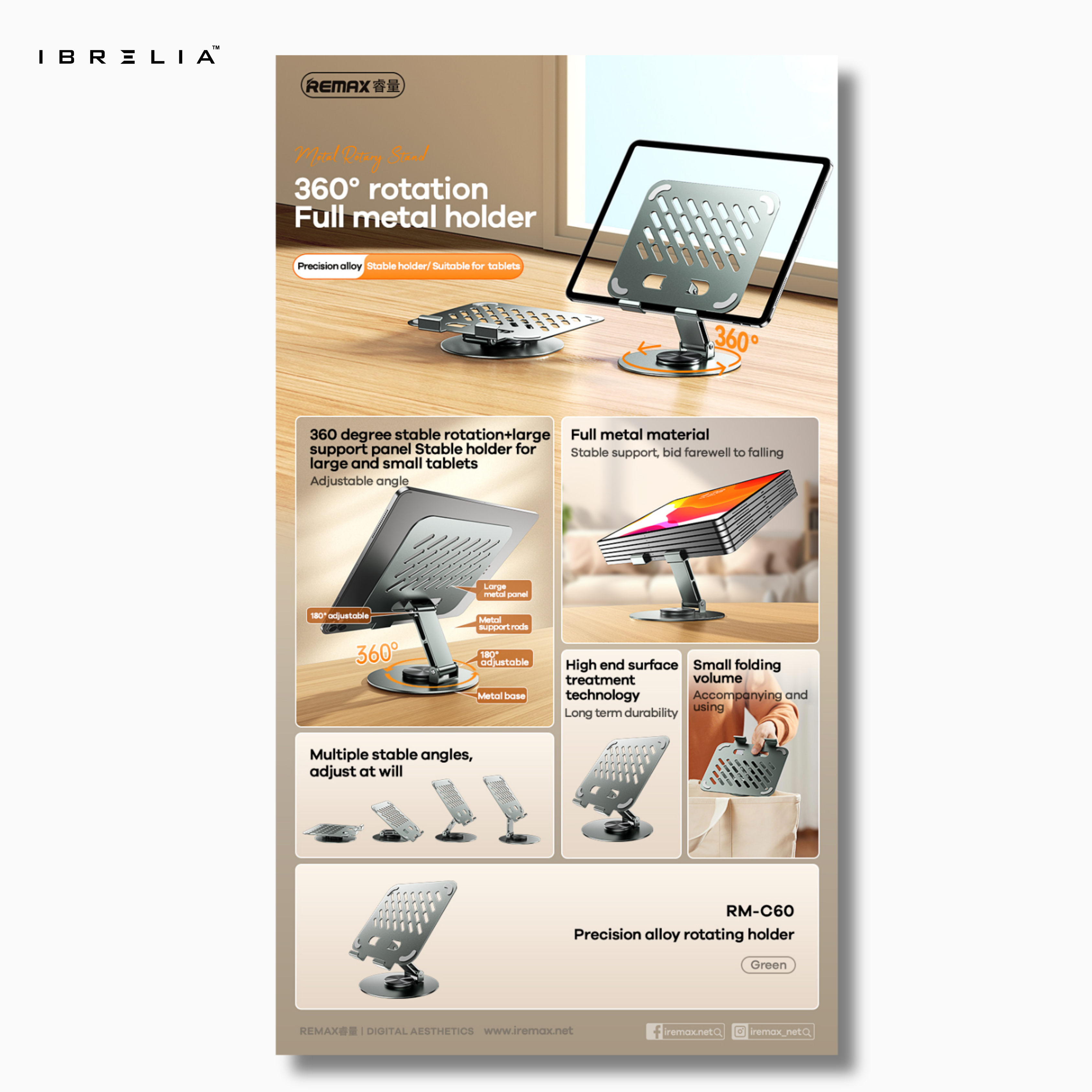 Remax RM-C60 Precision Alloy Rotating Tablet Holder | 360° Adjustable Stand | Heavy-Duty Metal Tablet Dock | IBRELIA™