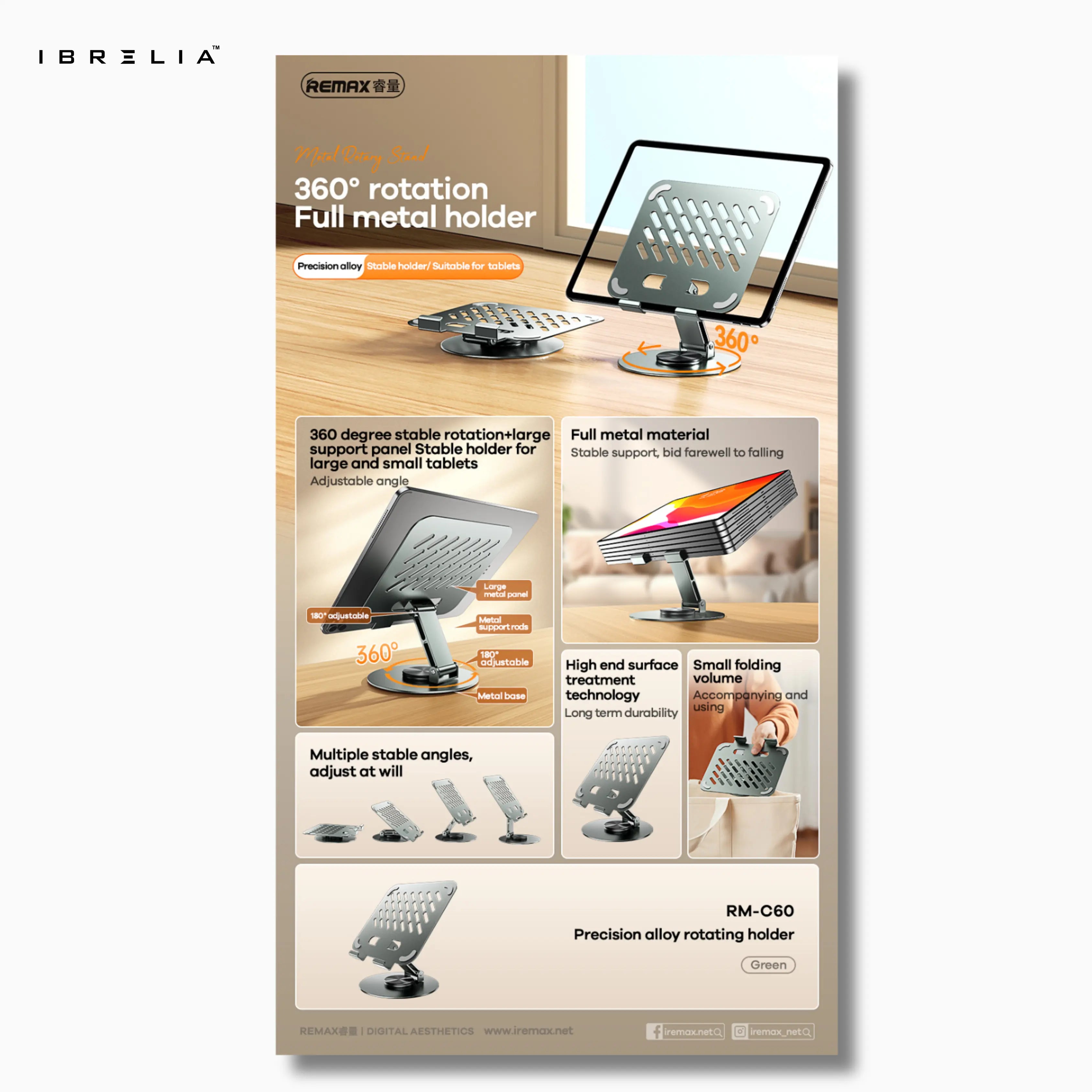 Remax RM-C60 Precision Alloy Rotating Tablet Holder | 360° Adjustable Stand | Heavy-Duty Metal Tablet Dock | IBRELIA™ IBRELIA