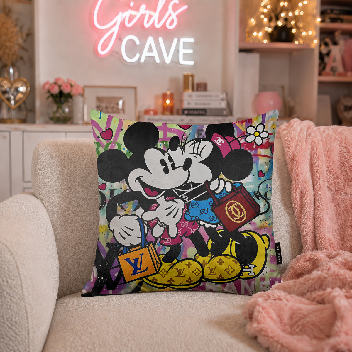 Mickey & Minnie Luxury Kiss Pop Art Cushion | Premium Velvet Suede | Double-Sided Print
