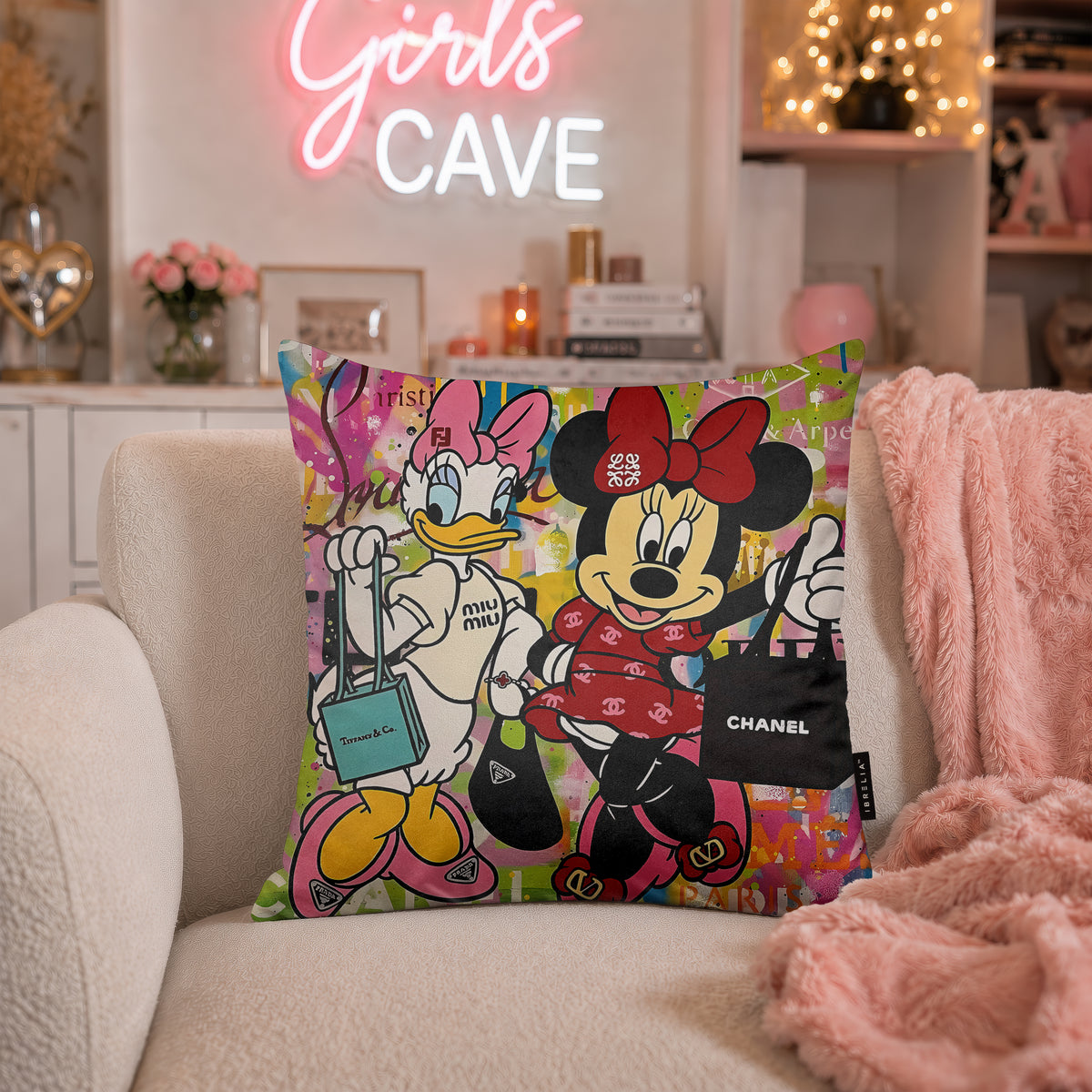 Daisy Duck & Minnie Mouse Luxury Shopping Pop Art Cushion | Premium Velvet Suede | Double-Sided Print