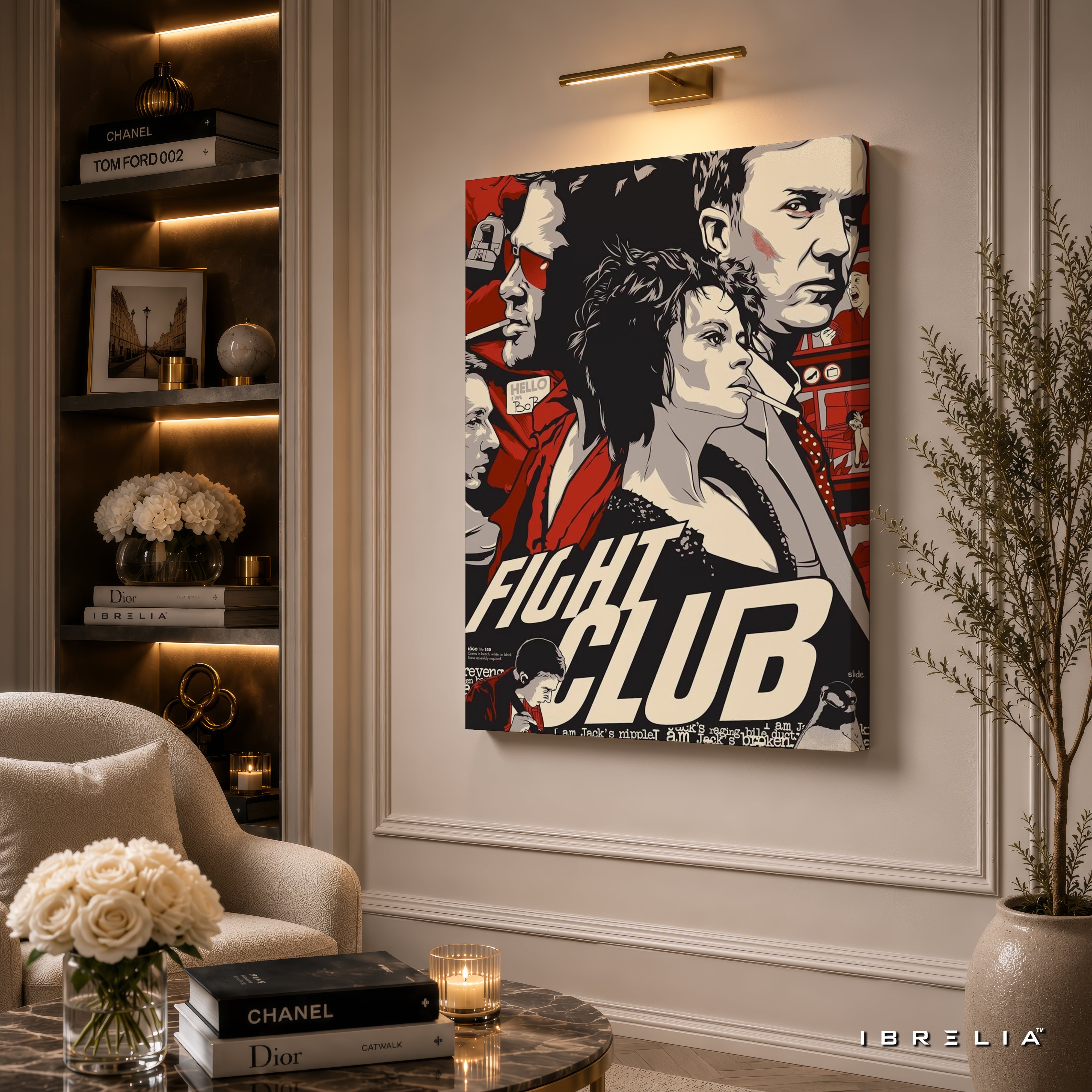Fight Club Vintage Collage Premium Canvas Wall Art – Cult Classic Movie Poster Artwork | Tyler Durden Modern Canvas Decor | IBRELIA™