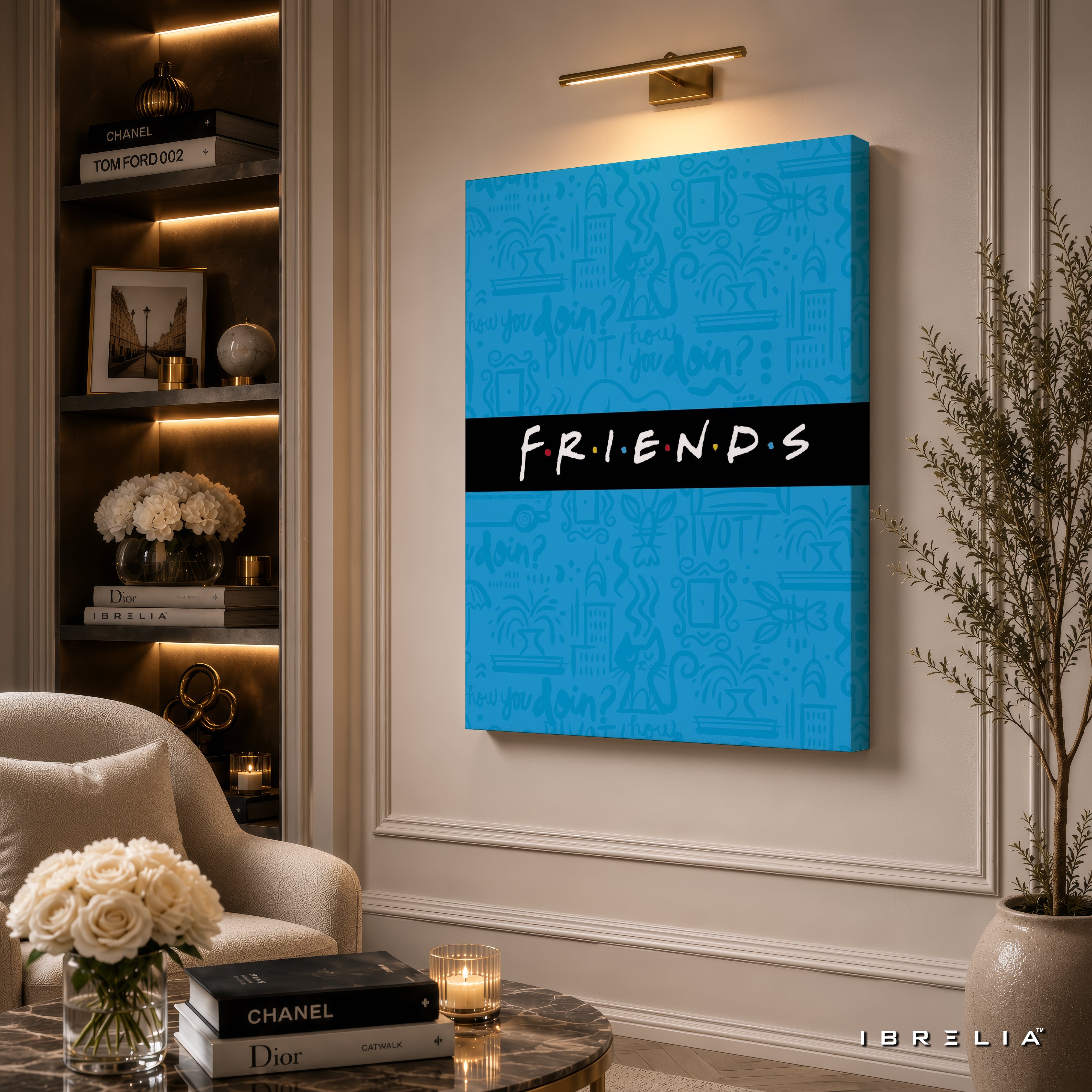 Friends Minimalist Logo Canvas Wall Art – Blue Friends Typography Canvas Print | Modern Sitcom Wall Decor | IBRELIA™
