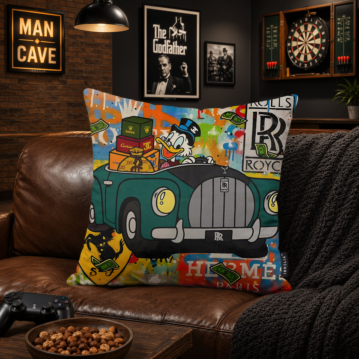 Scrooge McDuck Luxury Car Pop Art Cushion | Premium Velvet Suede | Double-Sided Print