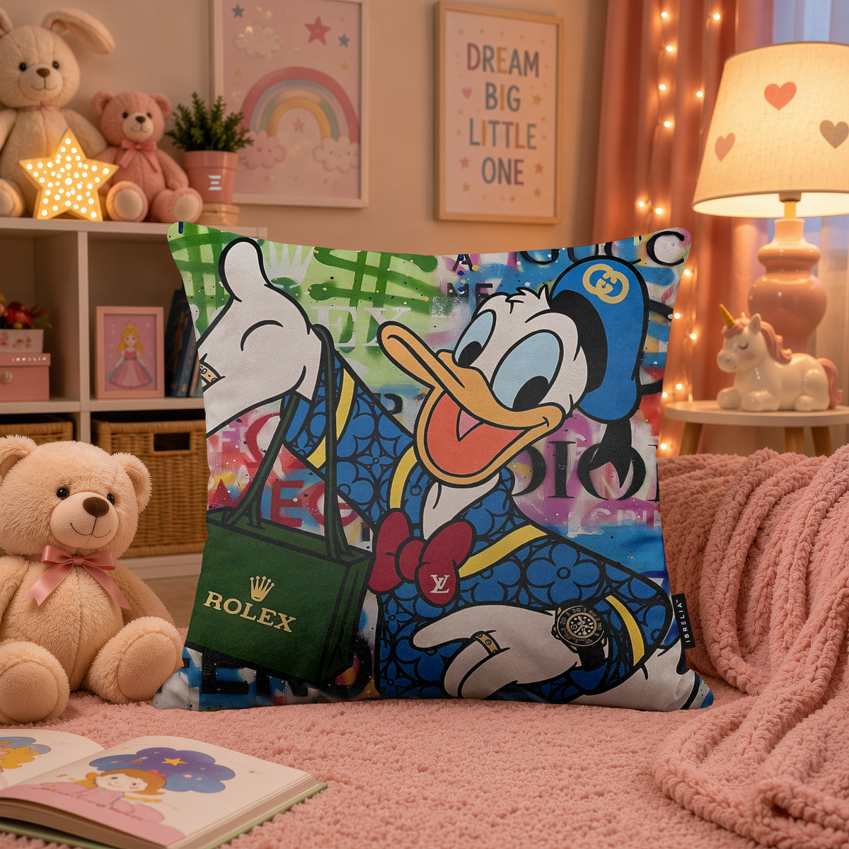 Donald Duck Blue Luxury Shopping Pop Art Cushion | Premium Velvet Suede | Double-Sided Print