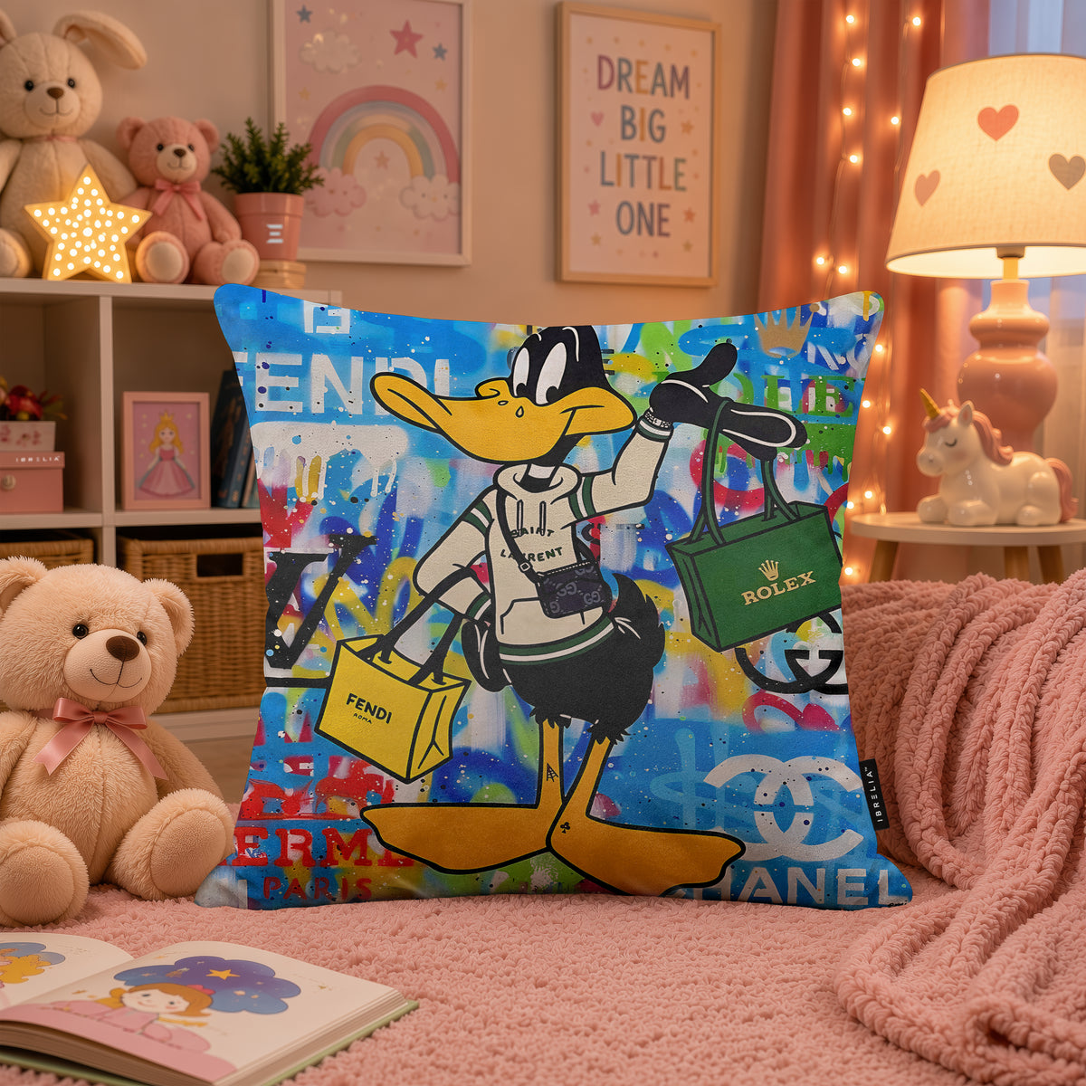 Daffy Duck Luxury Shopping Pop Art Cushion | Premium Velvet Suede | Double-Sided Print